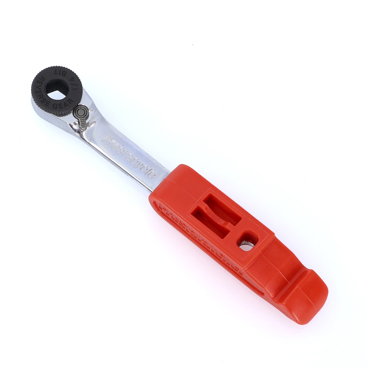 The Prestacycle Prestaratchet GO Multi-tool Kit features a reversible ratchet wrench with a black gear head, silver handle, and large red grip, offering 5 tools in one for versatile use, shown on a white background.