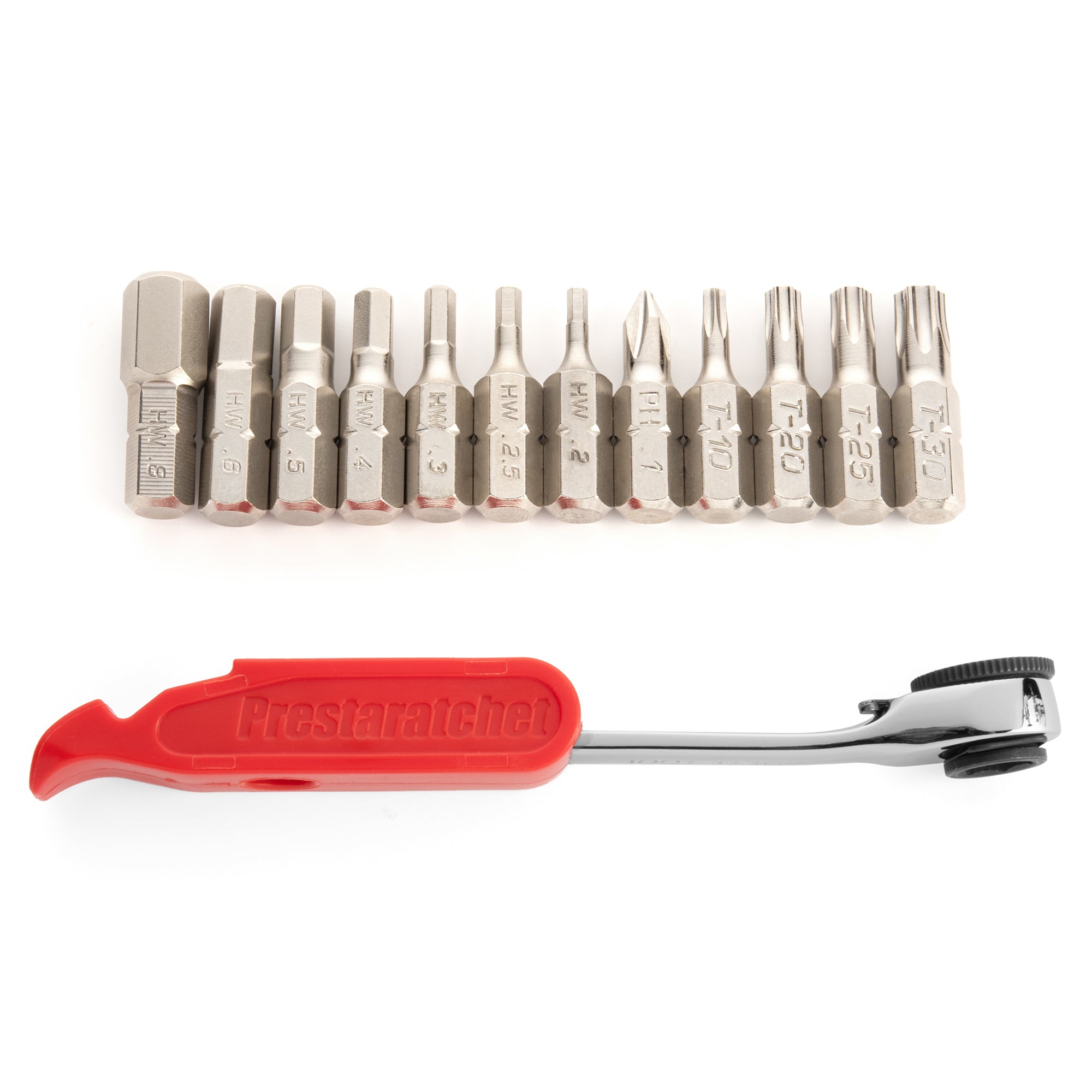 A set of 10 metal screwdriver bits in various shapes and sizes are arranged above the Prestacycle Prestaratchet GO - a compact, red-handled multi-tool wallet kit offering 6 tools in one.