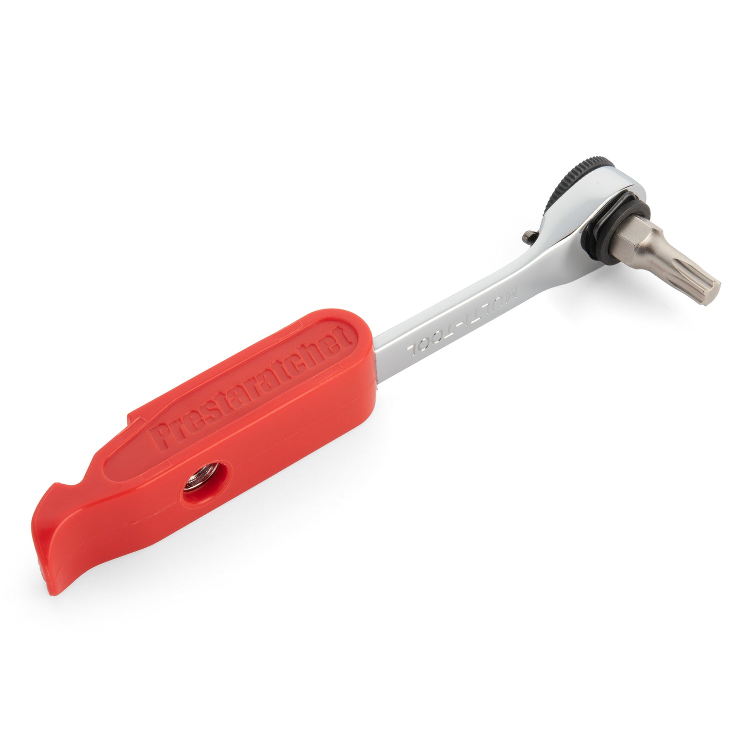 The Prestacycle Prestaratchet GO is a 5-in-1 multi-tool kit with a reversible ratchet, textured grip, removable red cap, and bit for tightening or loosening fasteners—compact and versatile for various tasks.