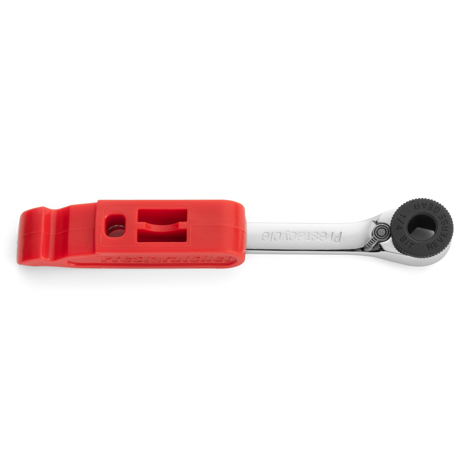 The Prestacycle Prestaratchet GO is a 5-in-1 multi-tool kit featuring a reversible ratchet with a black rotating head and red plastic handle, shown on a white background.