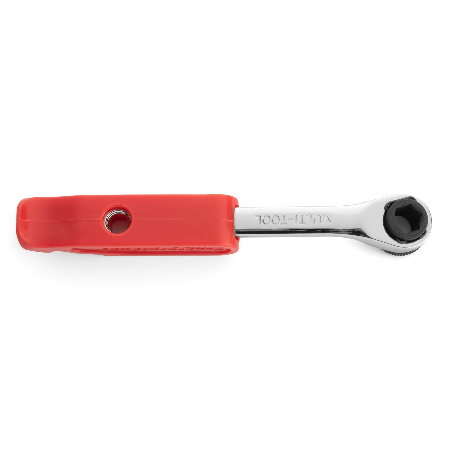 The Prestacycle Prestaratchet GO Multi-tool Kit features a shiny metal reversible ratchet head and red handle, shown from the side against a white background. This 5-in-1 compact tool is ideal for versatile repairs.