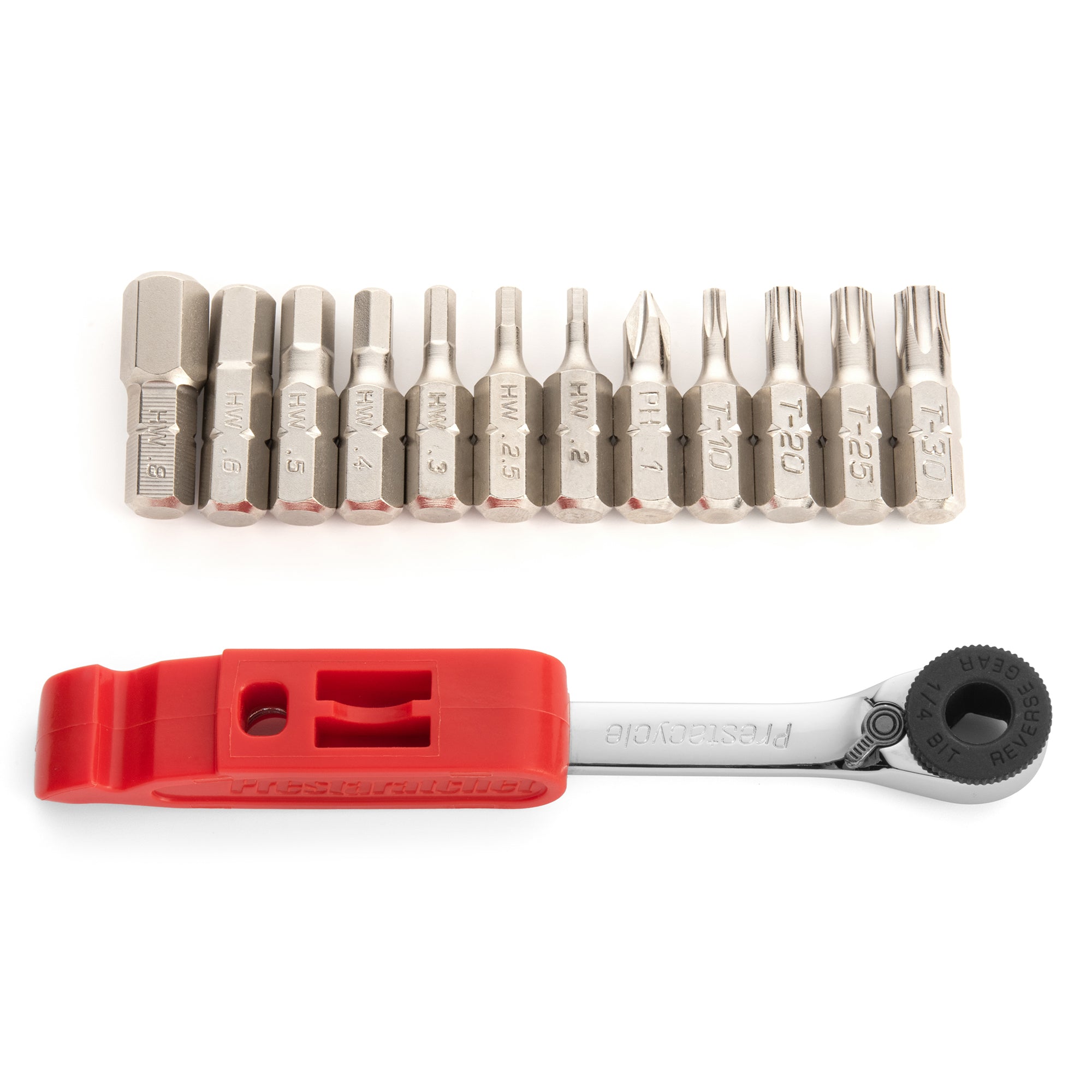 The Prestacycle Prestaratchet GO Multi-tool Wallet Kit features 12 metal bits neatly arranged above a compact ratchet handle with a red grip and rotating head, offering 6 tools in one convenient set.