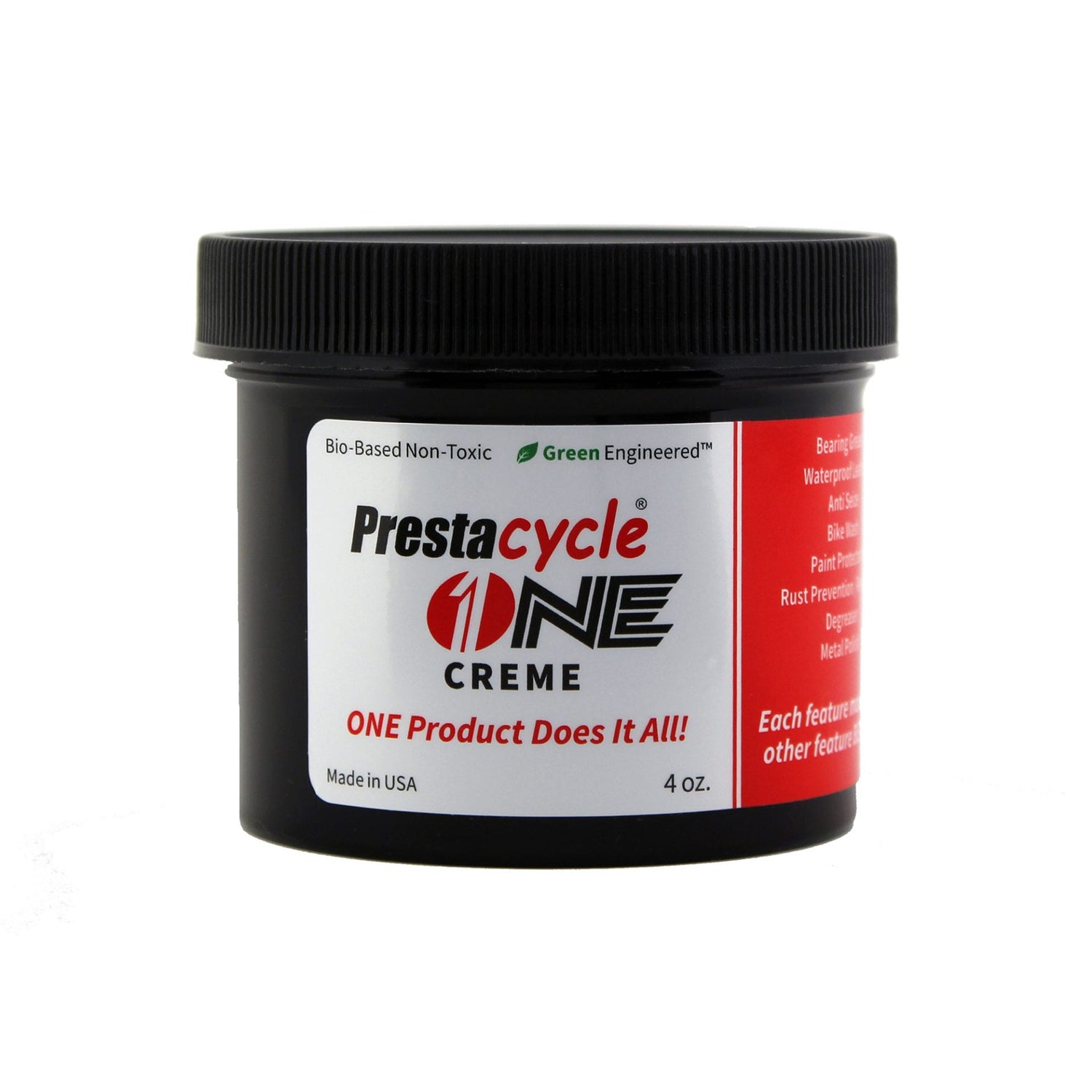 A 4 oz. black plastic jar of Prestacycle One Cream by Prestacycle features a red and white label stating ONE Product Does It All! and USDA Certified Bio-Based Non-Toxic. Made in the USA, it meets advanced lubricant testing standards.