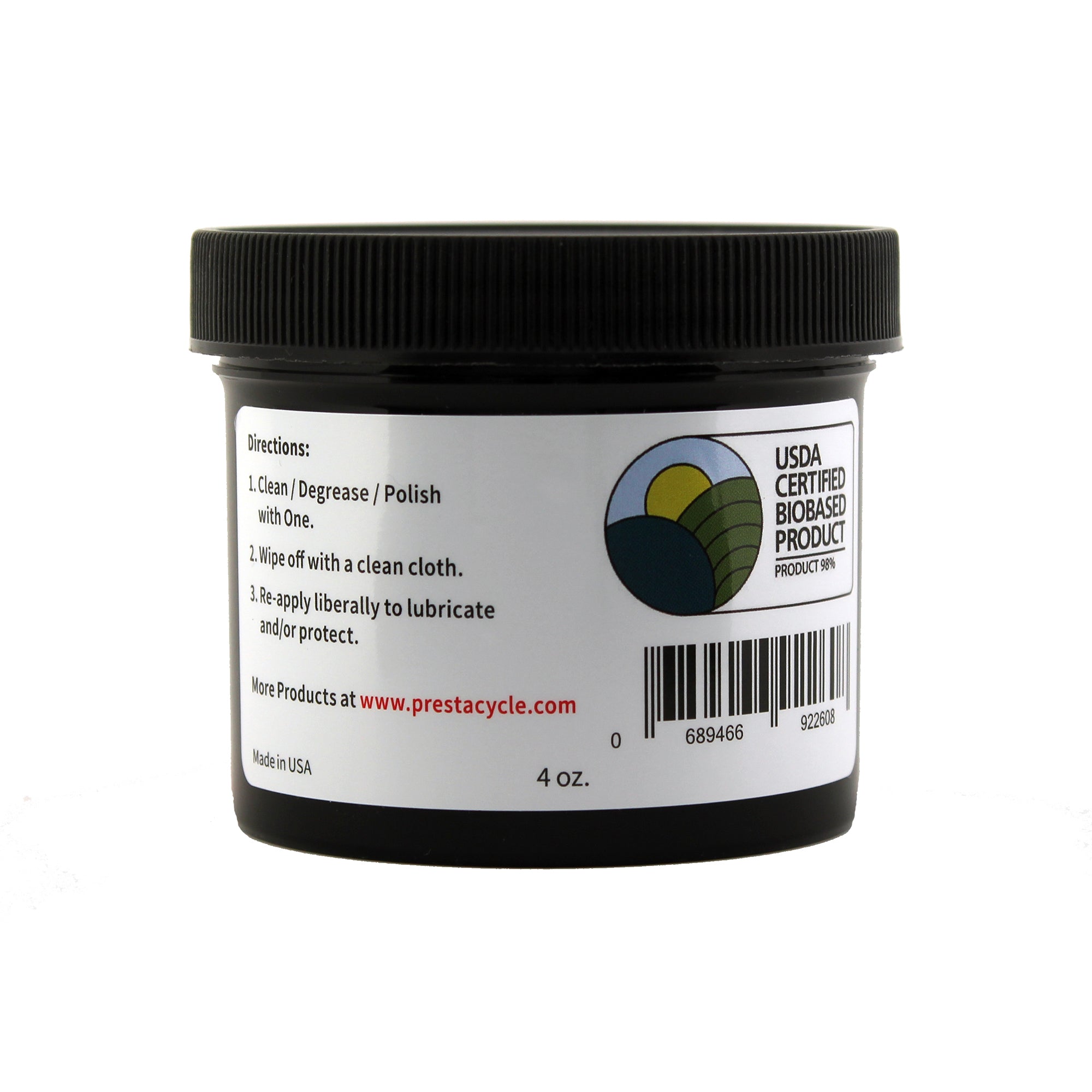 Prestacycle One Cream by Prestacycle comes in a 4 oz. black plastic jar with a screw-on lid, labeled with use directions, a USDA Certified Bio-Based Product logo, ASTM lubricant testing info, barcode, and website link.