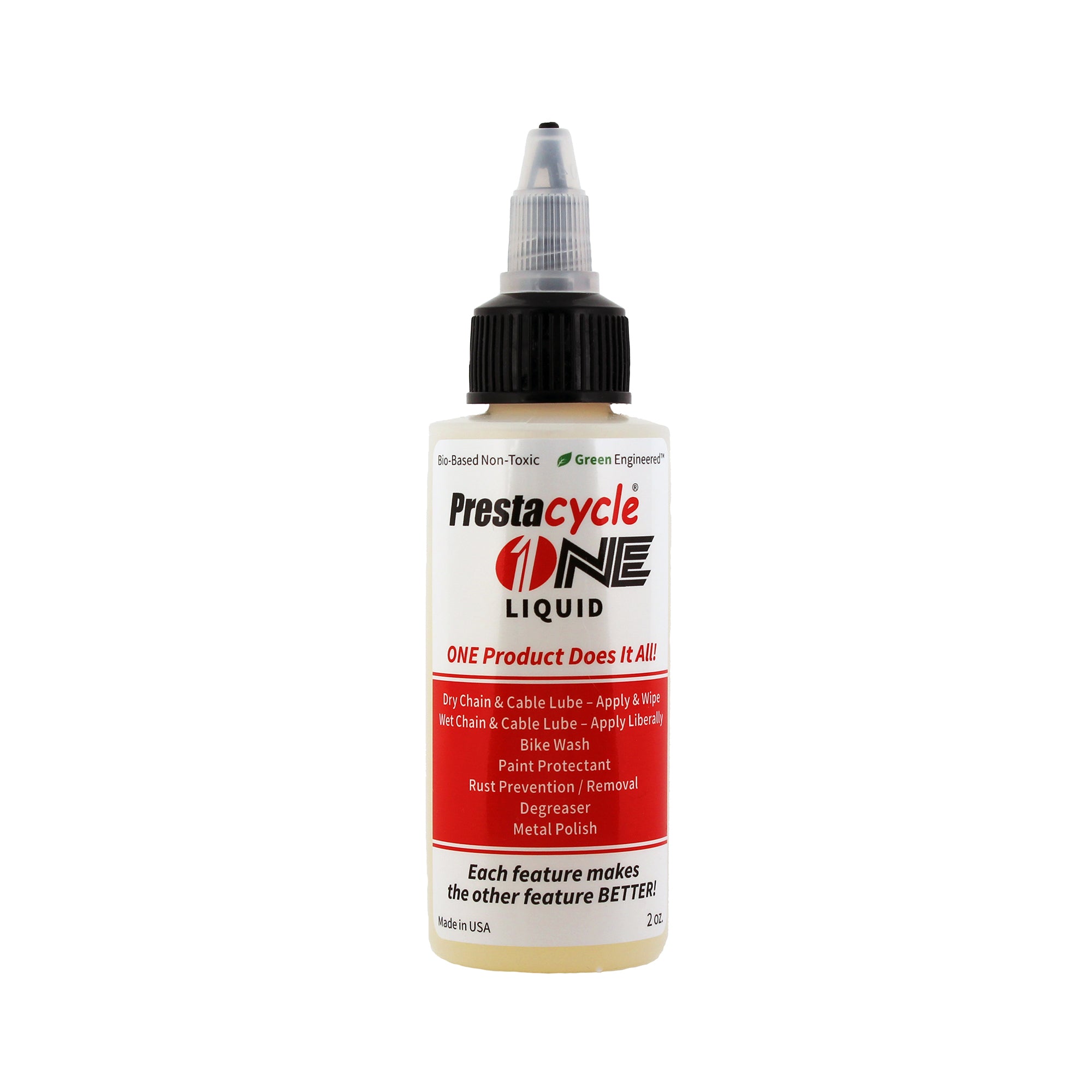 A bottle of Prestacycle One Liquid from Prestacycle features a pointed applicator tip and white label listing uses like chain lube, bike wash, rust prevention, and metal polish; USDA Certified Bio-Based and ASTM International approved.