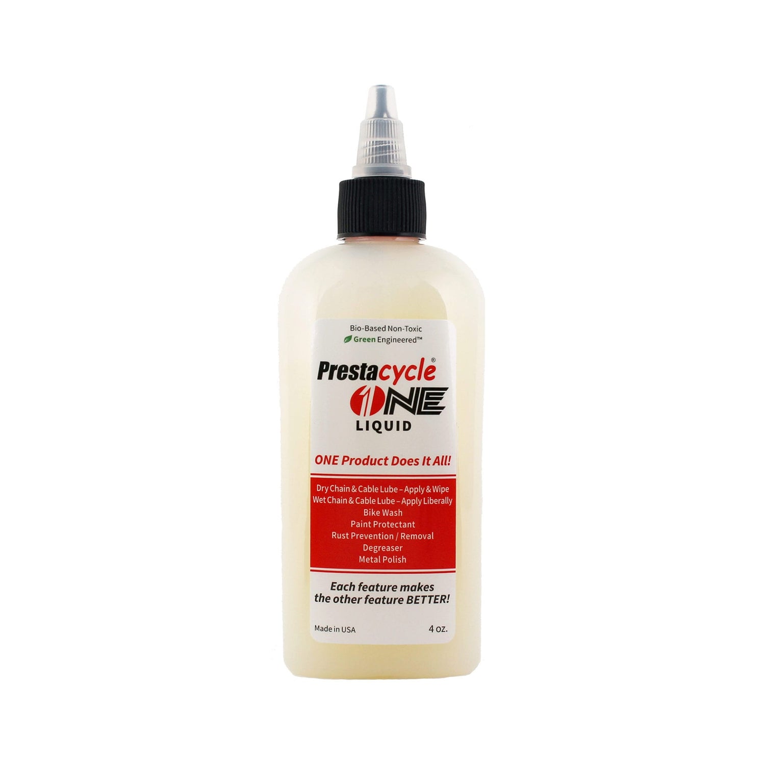 Prestacycle One Liquid is a 4 oz. bottle of USDA Certified Bio-Based lubricant with a pointed nozzle and red label, suitable for chain lube, cleaner, rust prevention, and pedal polish. Meets ASTM International quality standards.