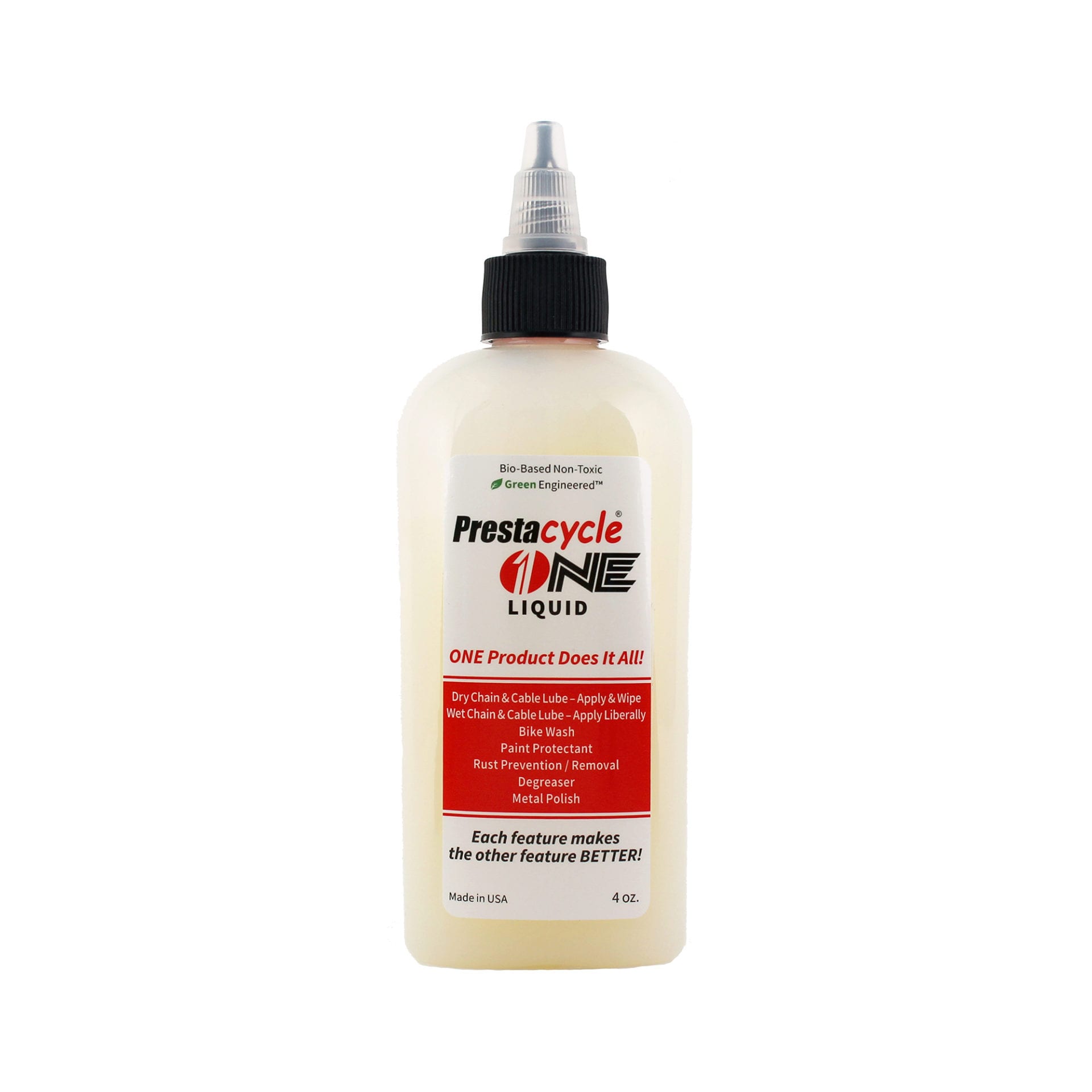 Prestacycle One Liquid is a 4 oz. bottle of USDA Certified Bio-Based lubricant with a pointed nozzle and red label, suitable for chain lube, cleaner, rust prevention, and pedal polish. Meets ASTM International quality standards.