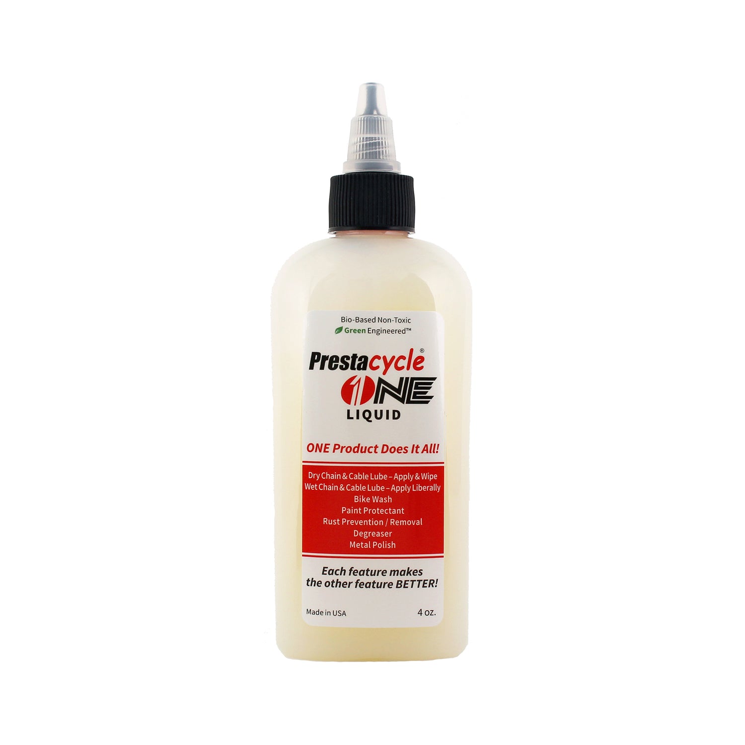 The 4 oz Prestacycle One Liquid is a USDA Certified Bio-Based lubricant and cleaner with a pointed nozzle cap, suitable for chains, cables, rust removal, and protection.