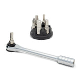 The Prestacycle Prestaratchet Micro Kit includes a silver micro ratchet wrench, a round black holder stand, and six S2 interchangeable bits of various shapes and sizes, all shown on a white background.