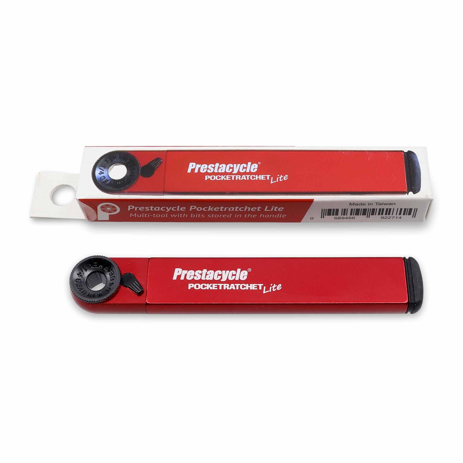 A red Prestacycle PocketRatchet Lite, a pocket multi-tool with bits stored in the handle and black accents, is shown outside and inside its packaging, with &quot;Prestacycle PocketRatchet Lite&quot; labeled on both the tool and box.