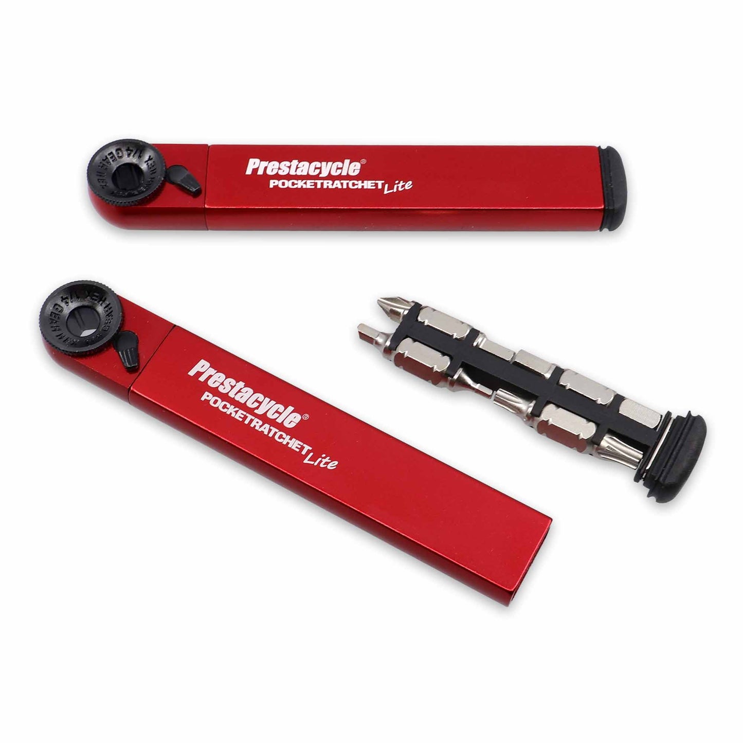 The Prestacycle PocketRatchet Lite, a compact red pocket multi-tool by Prestacycle, is shown closed, open, and with the bit holder extended to reveal various screwdriver and hex bits stored in its handle.