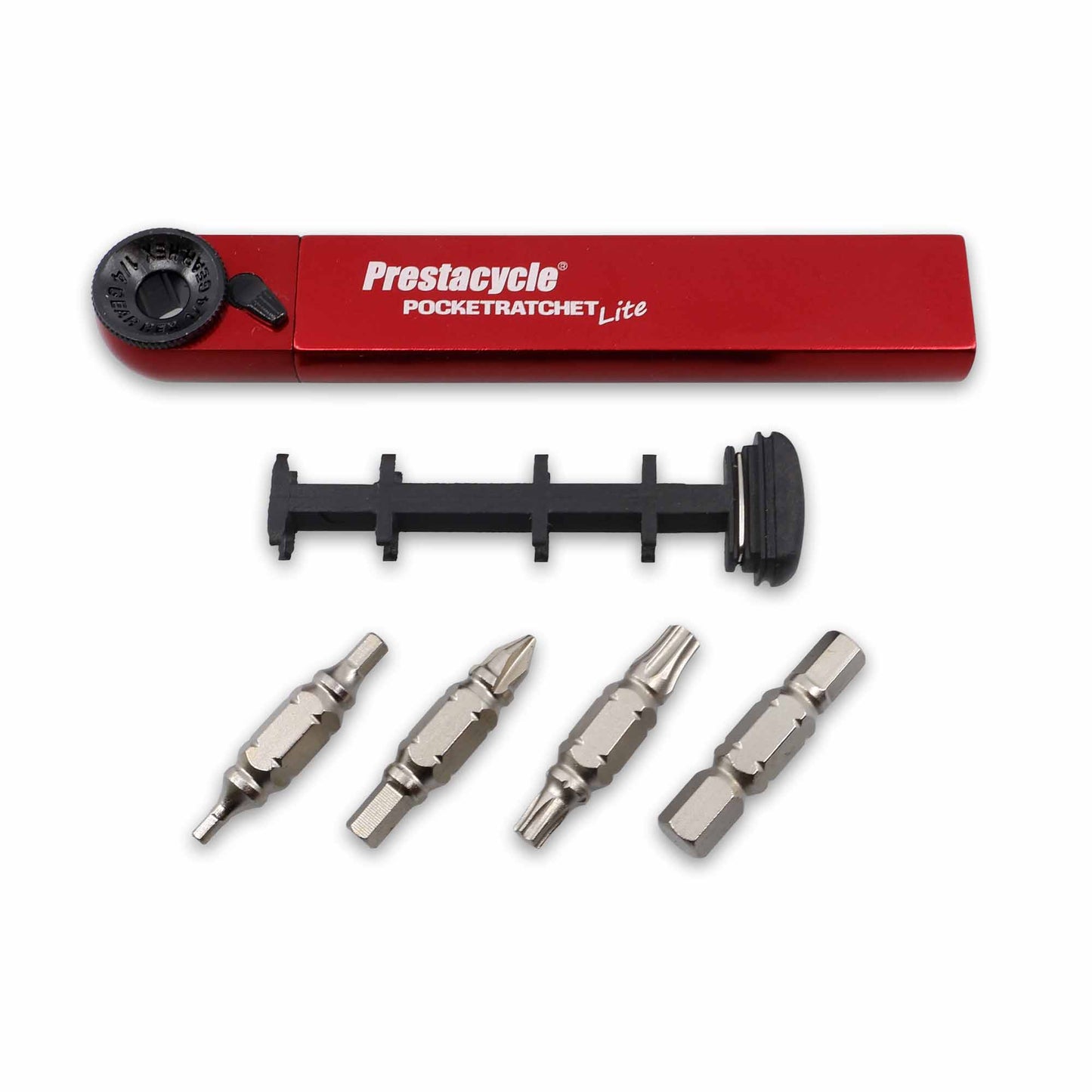 A Prestacycle PocketRatchet Lite pocket multi-tool with black bit holder and five metal bits, all stored in the handle, are arranged on a white background.