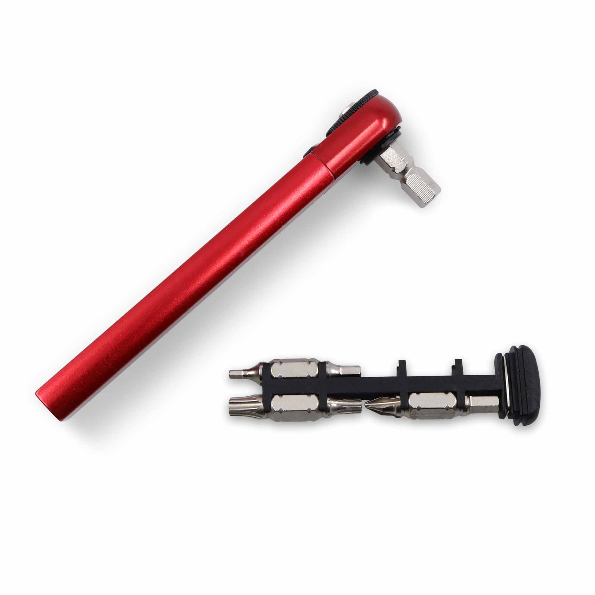 The Prestacycle PocketRatchet Lite, a red pocket multi-tool by Prestacycle, features a detachable black component with multiple bits stored in the handle, shown on a white background.