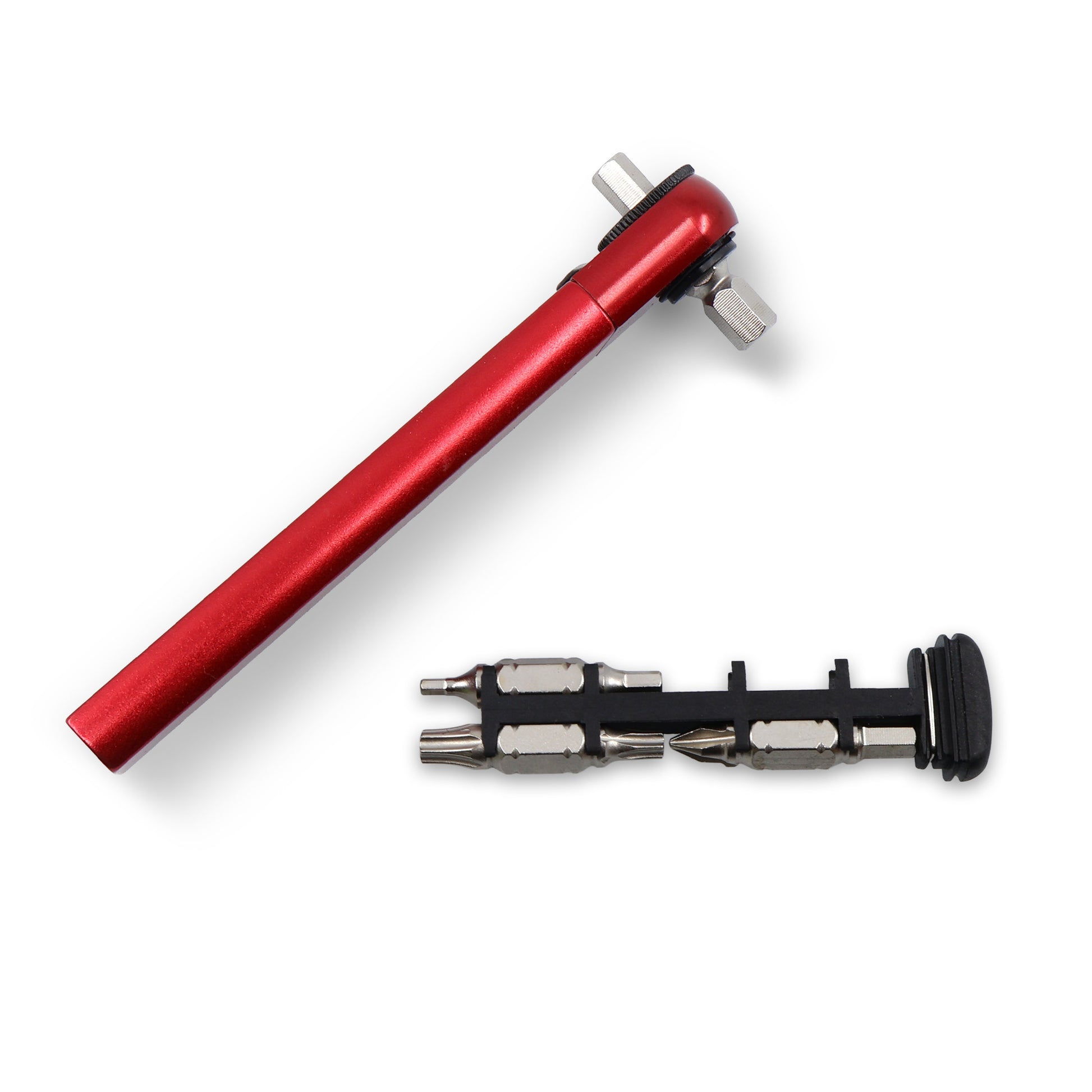The Prestacycle PocketRatchet Lite, a red metal multi-tool by Prestacycle, features a long handle with bits stored in the handle and is shown next to its black bit holder, making it a handy bike tool on a white background.