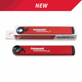 A red Prestacycle PocketRatchet Lite bike multi-tool is shown beside its red and white packaging, displaying the product name and description. A "NEW" banner highlights this reversible thumb-wheel ratchet with bits stored in the handle.