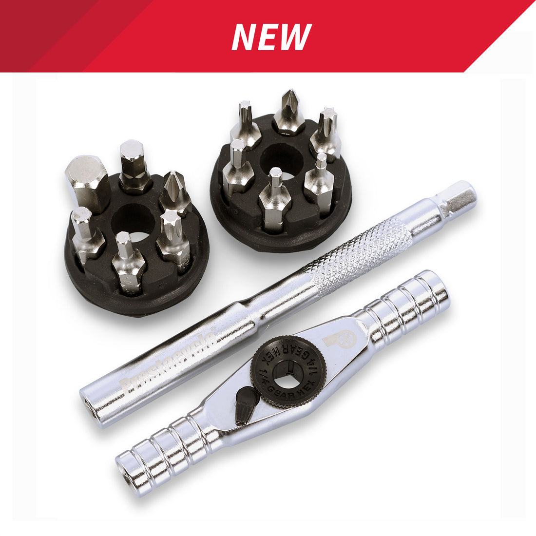 The Prestacycle T-Ratchet Pro Set by Prestacycle features a T-Handle ratchet, tap wrench, and two black bit holders with assorted 1/4 bits, displayed under a red NEW banner.
