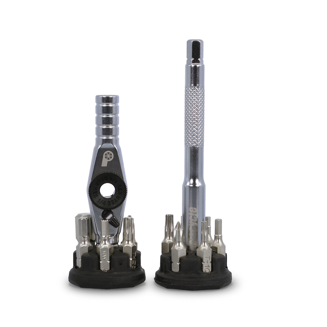 The Prestacycle T-Ratchet Pro Set by Prestacycle is a compact reversible ratchet set with interchangeable 1/4 inch bits on a black base, featuring a durable metal ratchet handle and a knurled screwdriver handle, with neatly organized assorted bits.