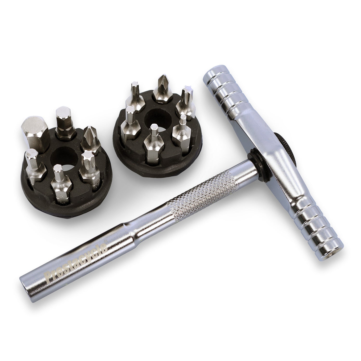 The Prestacycle T-Ratchet Pro Set by Prestacycle features a metal T-handle ratchet screwdriver with a knurled grip, shown with two black circular holders containing various interchangeable 1/4 inch bits.