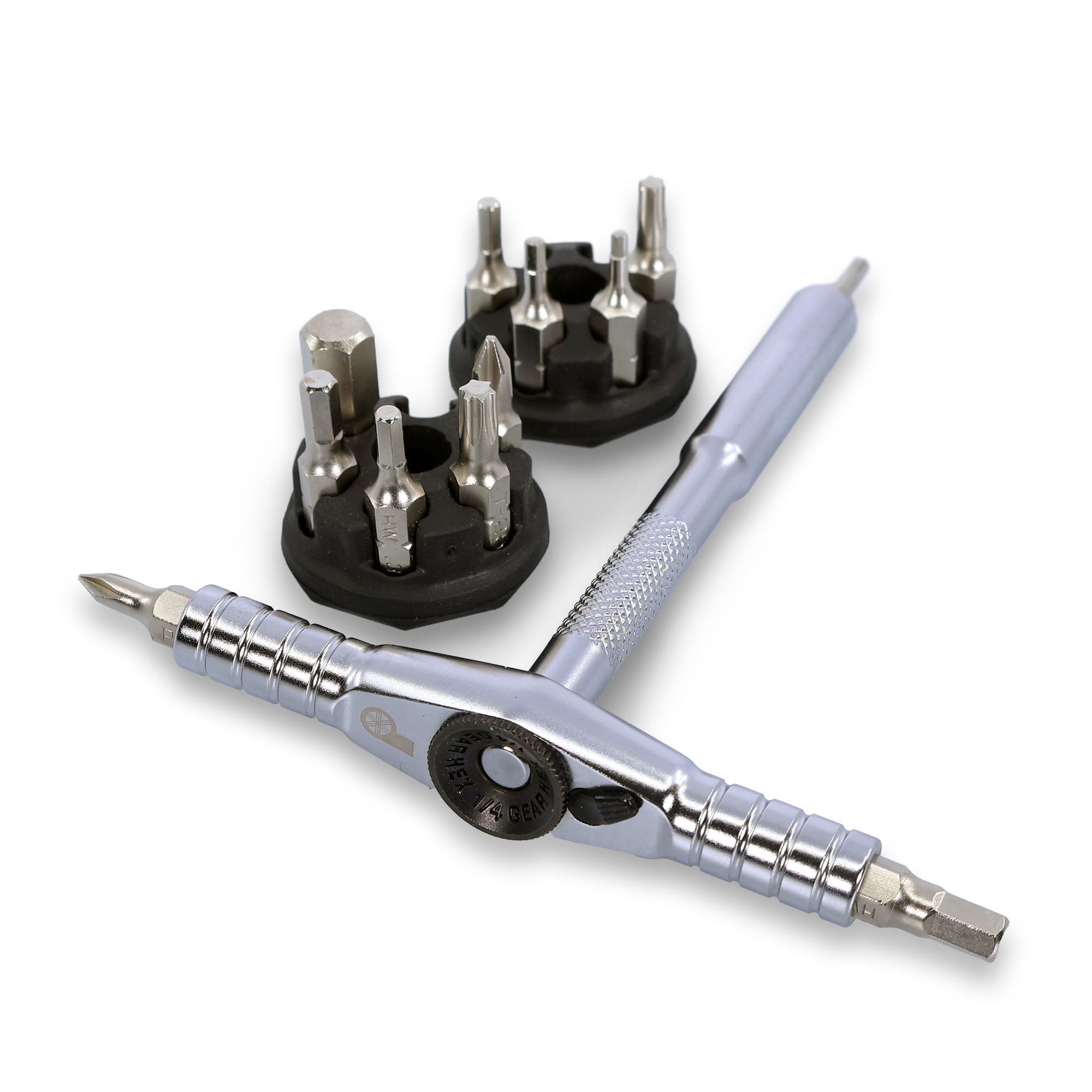 The Prestacycle T-Ratchet Pro Set by Prestacycle features a metal, reversible T-Handle ratchet screwdriver and two black holders with a 1/4-inch interchangeable bit set.