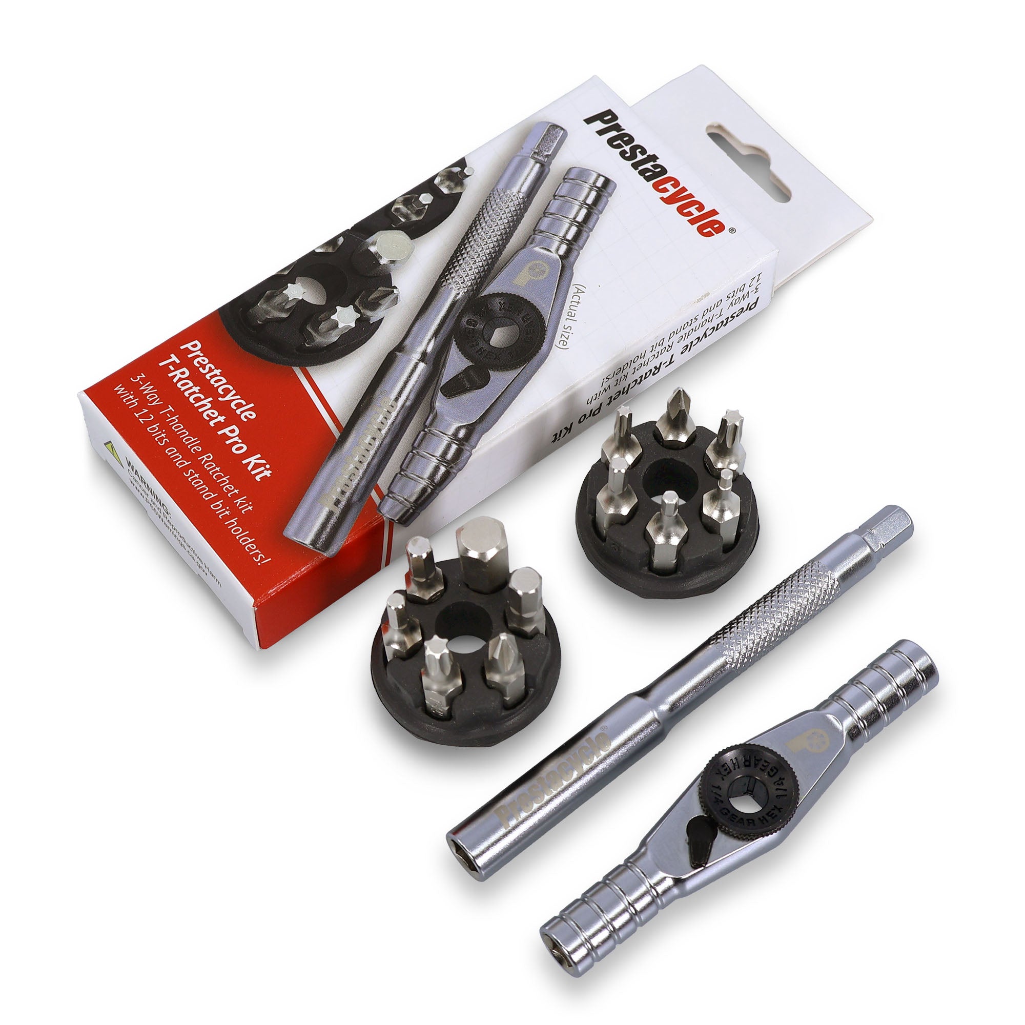 A Prestacycle T-Ratchet Pro Set by Prestacycle is shown, featuring a reversible ratchet set, extension bar, two bit holders with various tool bits, and the product packaging.