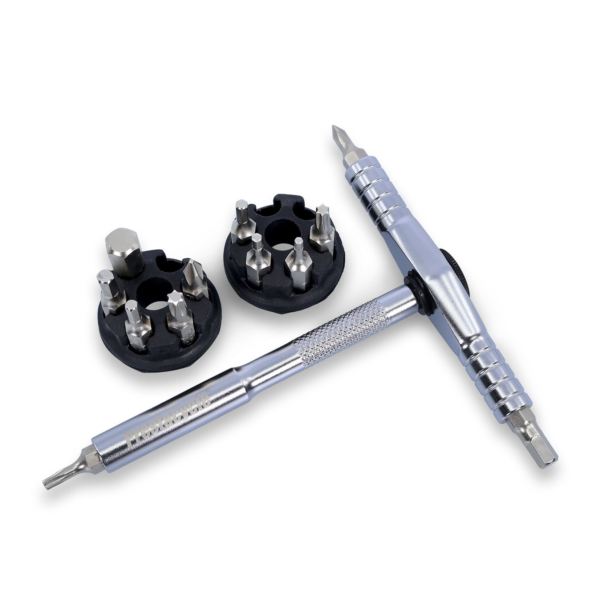 The Prestacycle T-Ratchet Pro Set by Prestacycle features a silver T-handle ratchet multi-bit screwdriver with two black holders containing a 1/4 inch interchangeable bit set.