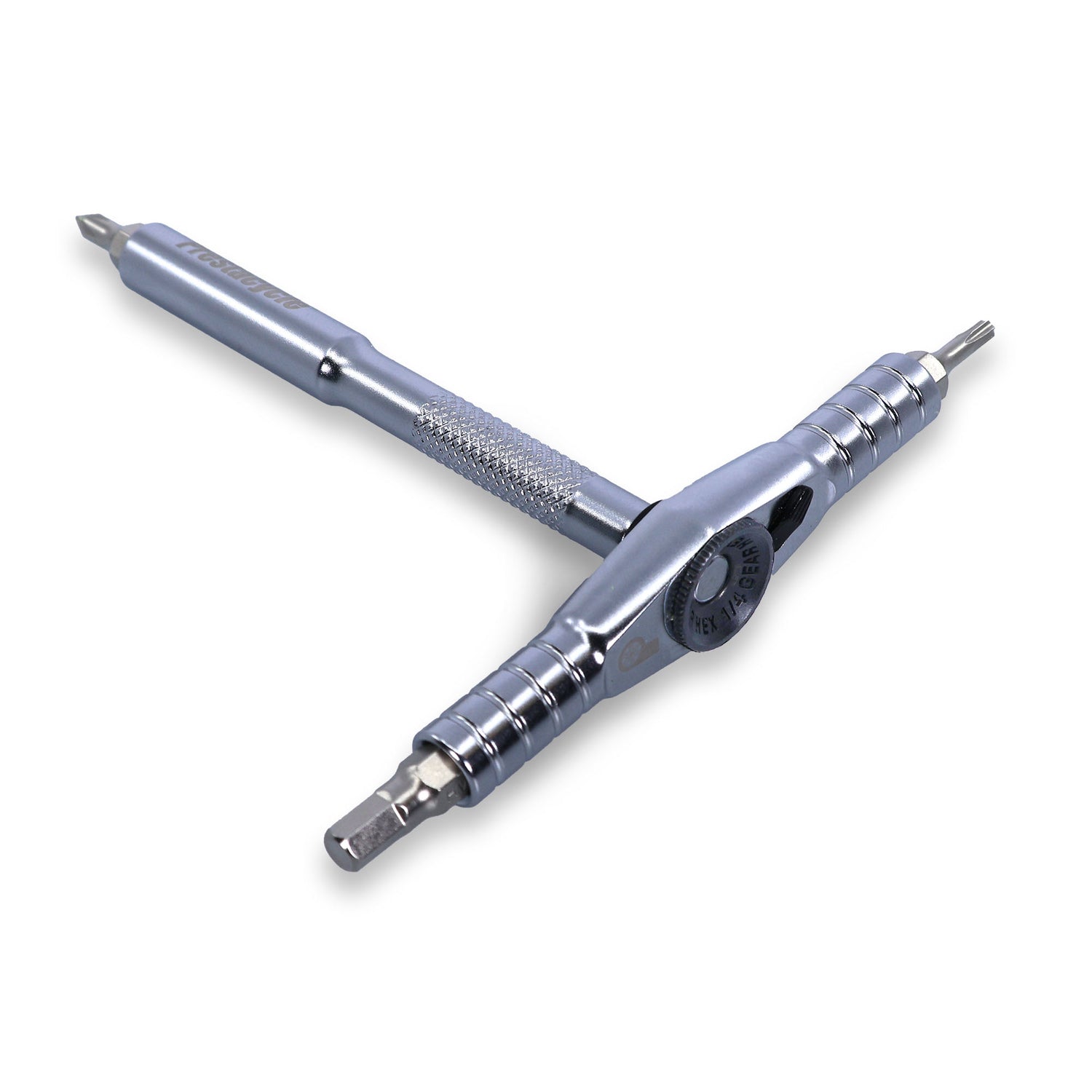 The Prestacycle T-Ratchet Pro Set by Prestacycle is a metal Y-shaped multi-tool featuring three screwdriver bits, a knurled grip on one handle, and a central rotating dial for adjustable use, similar to a reversible ratchet set.