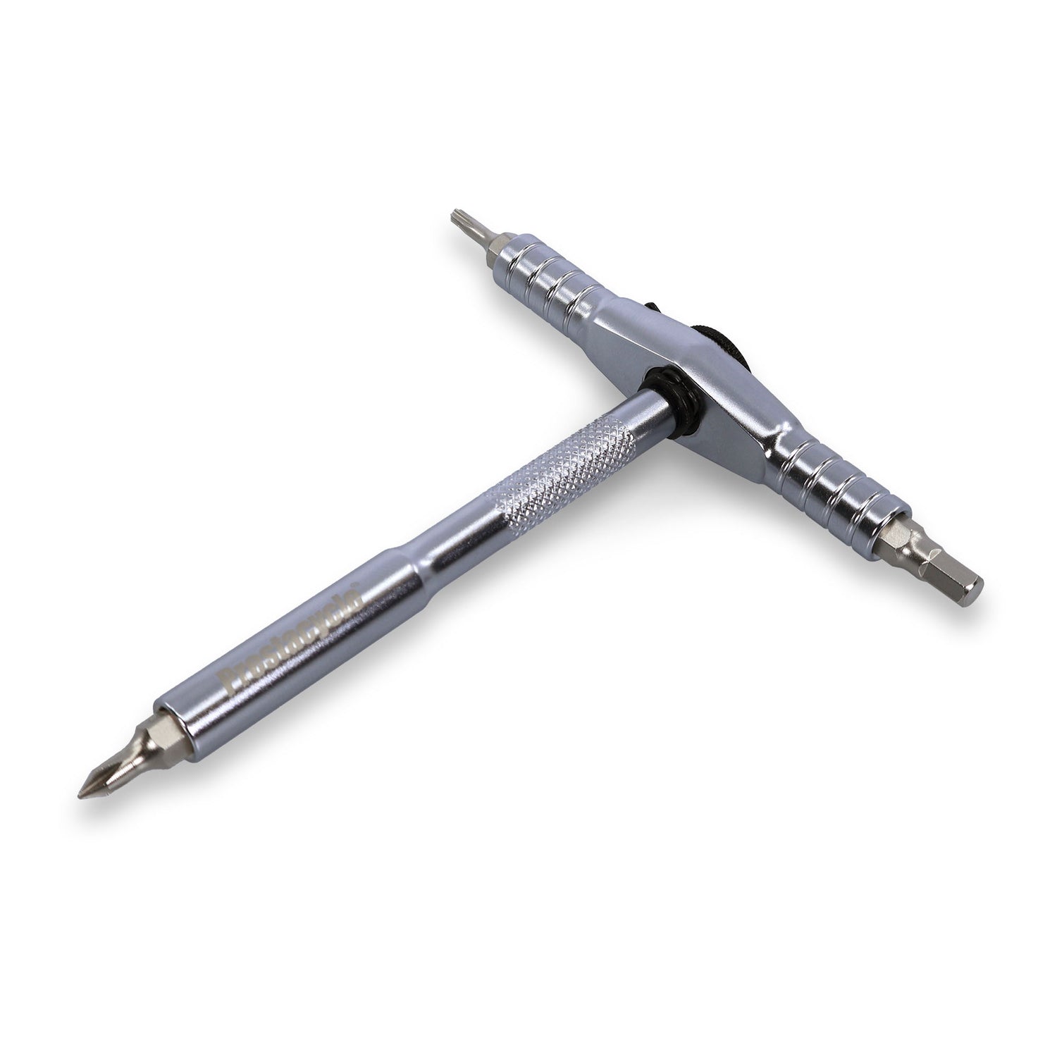 The Prestacycle T-Ratchet Pro Set by Prestacycle is a metal T-handle ratchet screwdriver with reversible action, interchangeable 1/4 inch bits on both ends, and a knurled grip handle, shown on a white background.