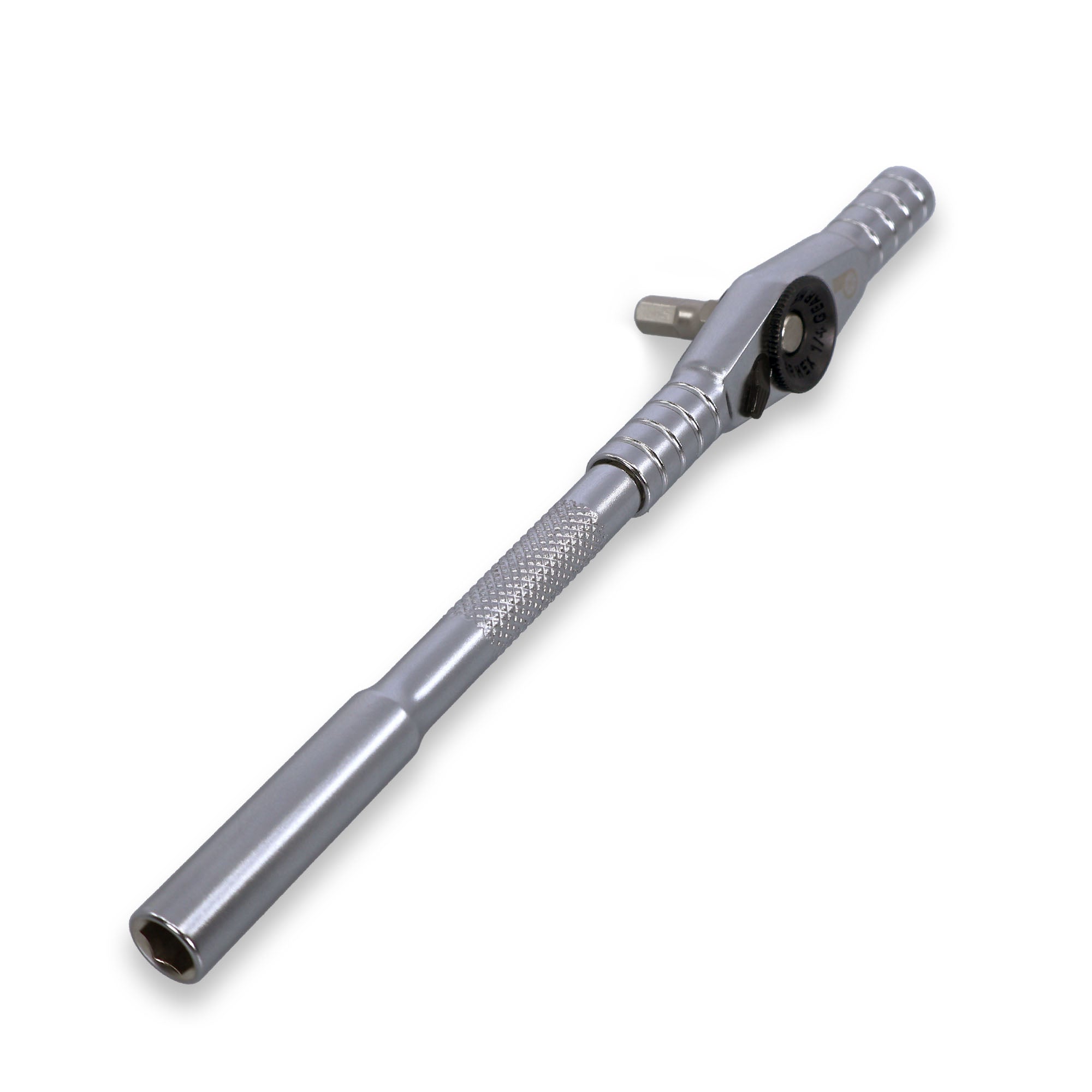 The Prestacycle T-Ratchet Pro Set by Prestacycle is a silver metal T-Handle ratchet with a knurled grip and rotating mechanism, perfect for use with a 1/4 inch bit set for versatile fastening tasks.