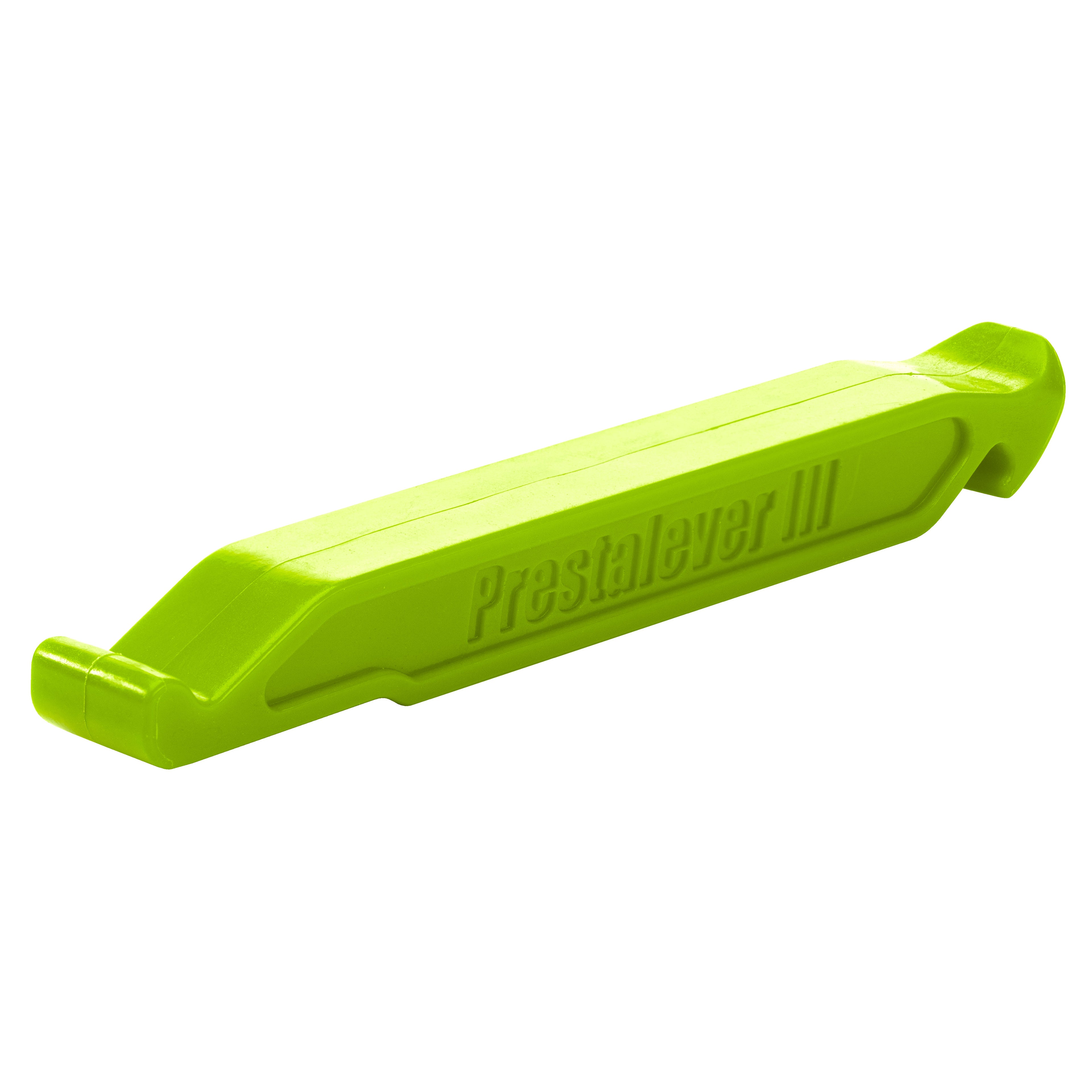 The Prestacycle Prestalever GO is a bright green plastic multi-tool tire lever with angled ends for prying and removing bike tires, also serving as a tire remover, presta valve core tool, and more—offering 5 tools in one.