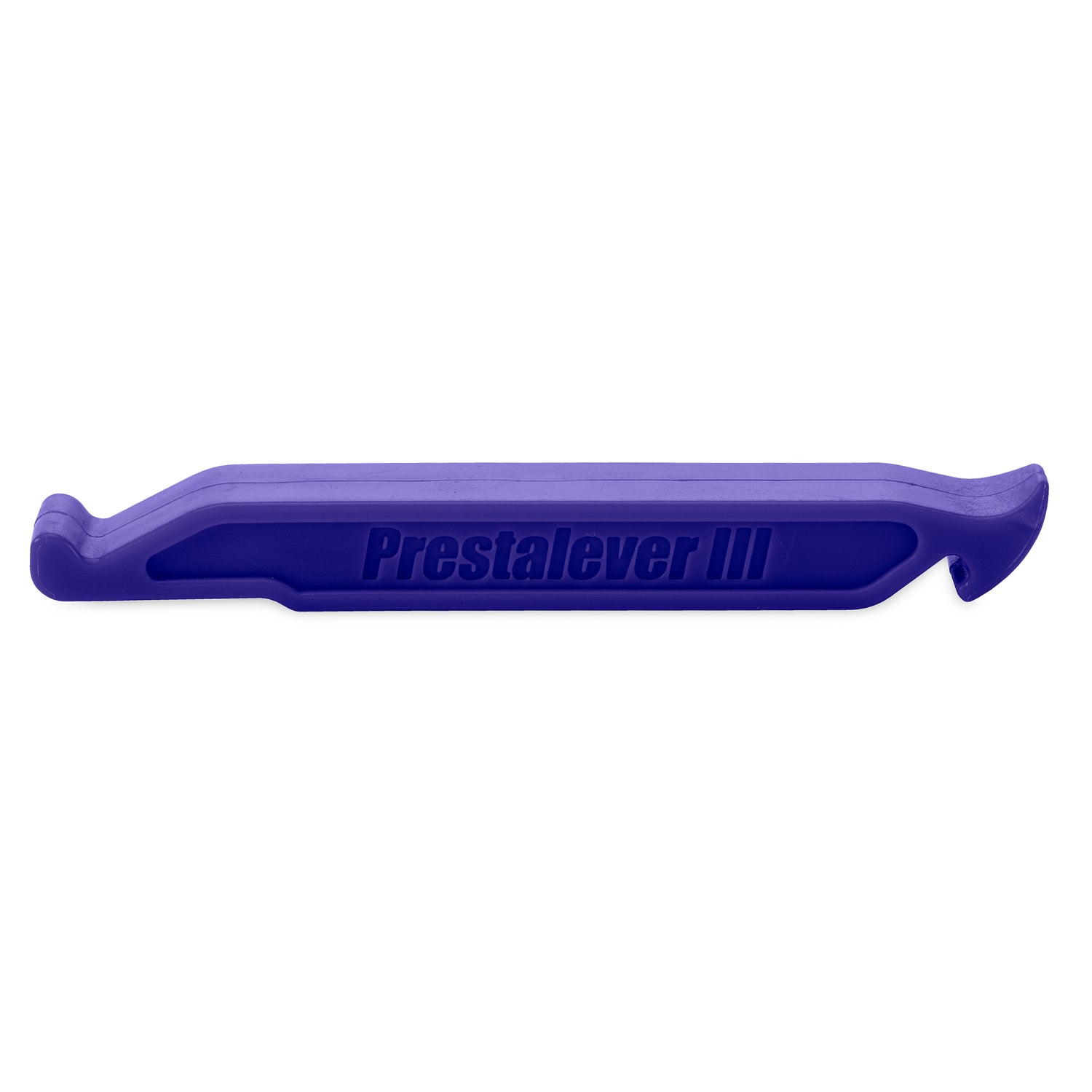 A purple Prestacycle Prestalever GO multi-tool tire lever, featuring 5 functions including a hooked end for tire removal and presta valve core tool, shown from the side on a white background.
