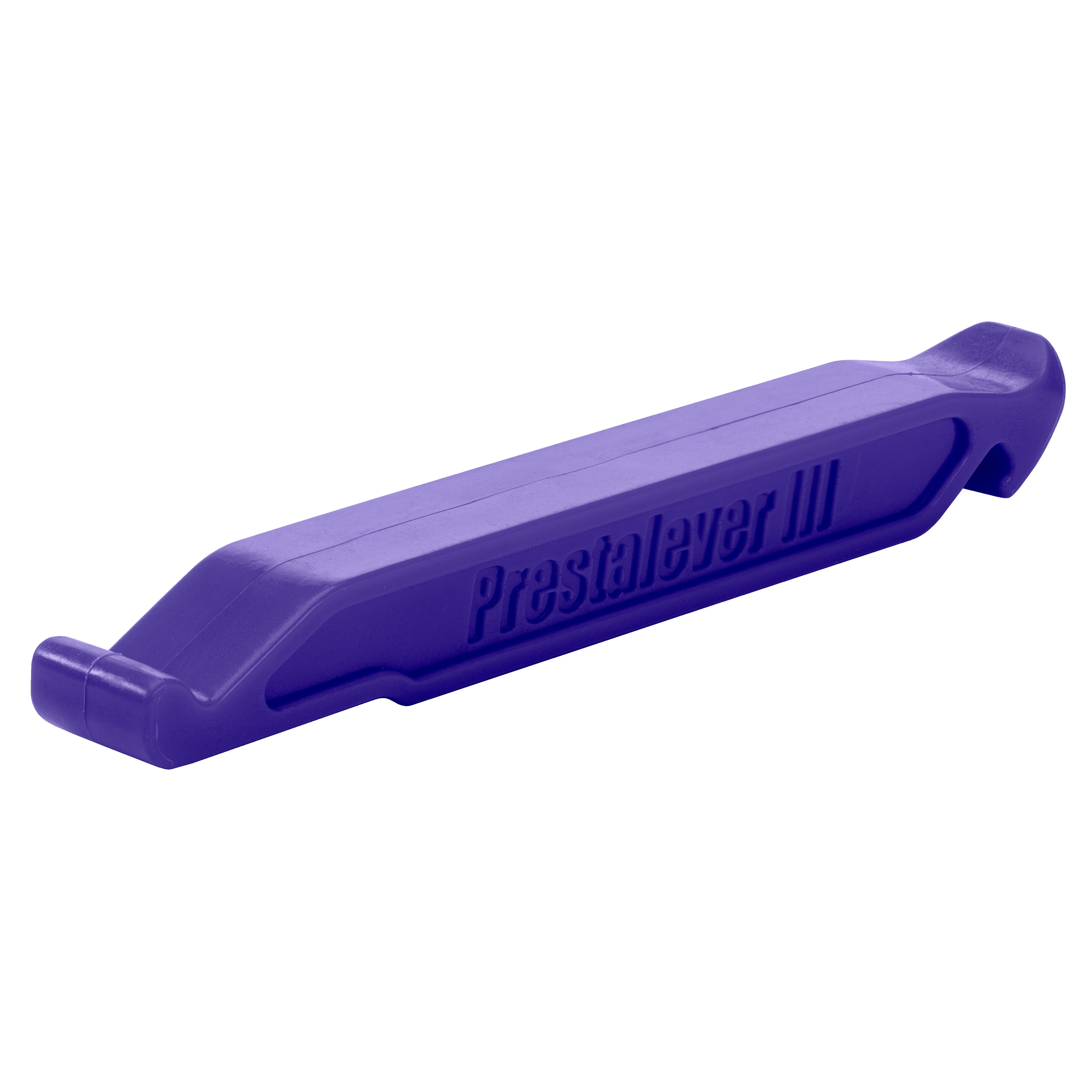 The Prestacycle Prestalever GO is a purple plastic multi-tool tire lever with 5 functions, designed for tire installation or removal with angled ends for prying, and it can be used as a tubeless tire plugger.
