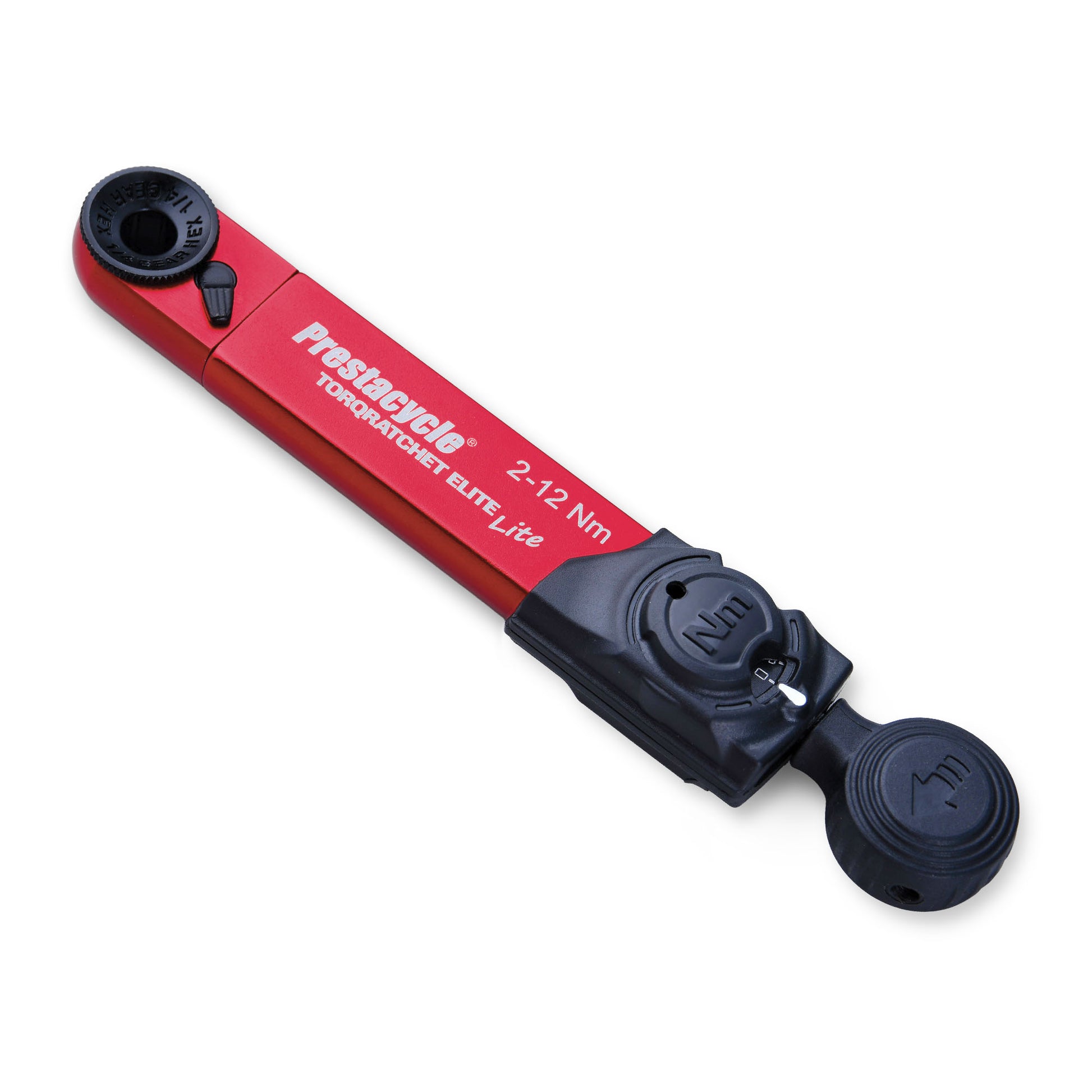 A red and black Prestacycle TorqRatchet ELITE Lite multi-tool ratchet torque wrench (2–12 Nm range) with adjustment knobs at both ends.