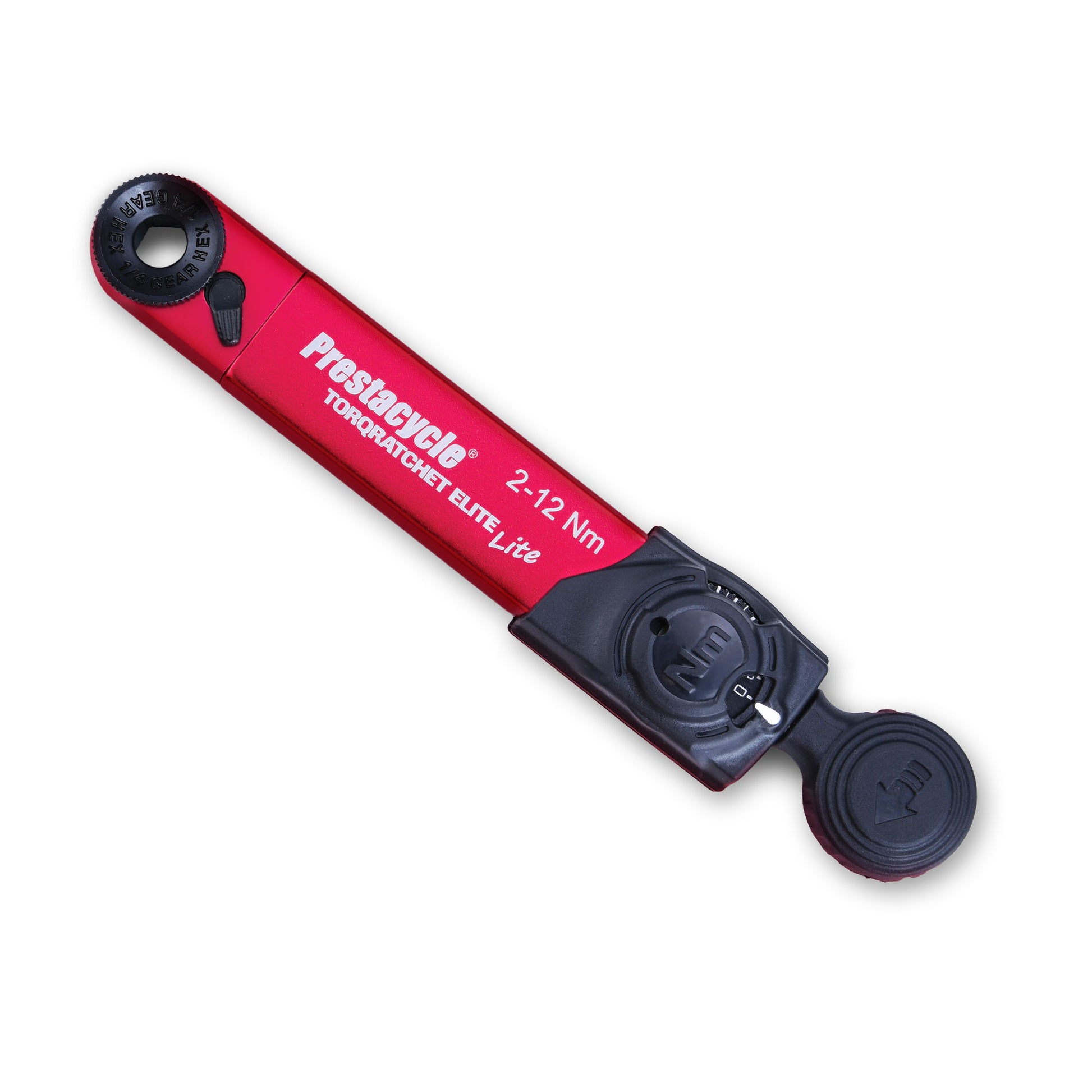 A Prestacycle TorqRatchet ELITE Lite portable 2–12Nm torque multi-tool ratchet with black adjustment dials, shown isolated on a white background.