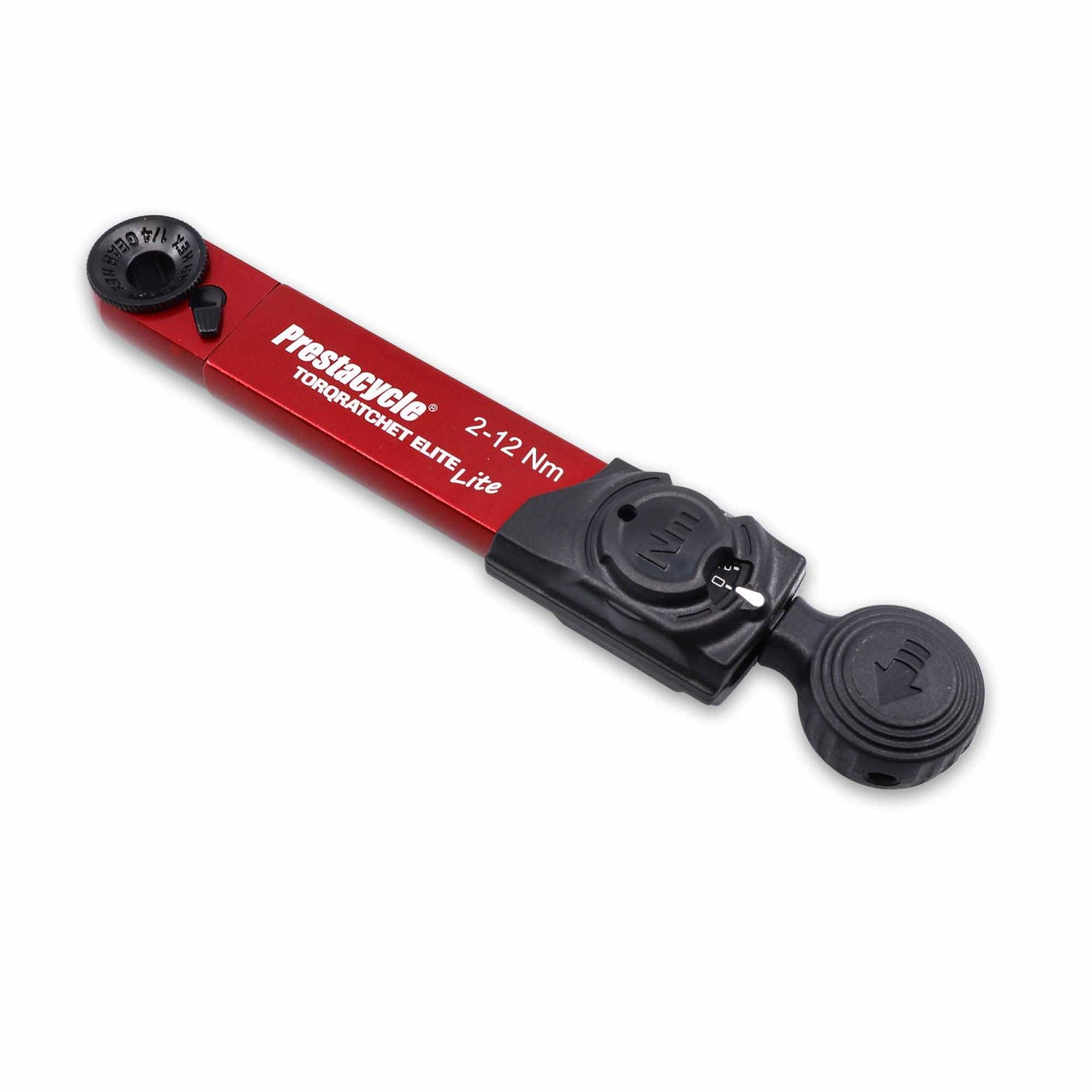 The Prestacycle TorqRatchet ELITE Lite is a red and black 2~12Nm multi-tool ratchet torque wrench with Nm markings and dual-end adjustment knobs, designed for precise torque in bike setups.