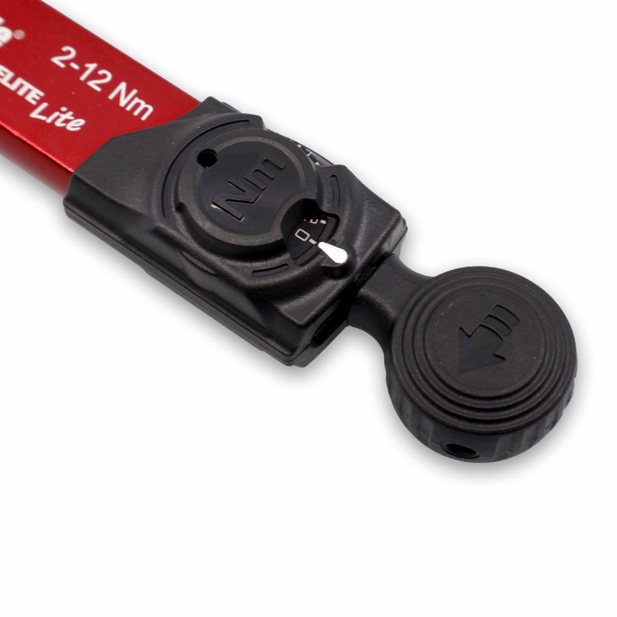 Close-up of the Prestacycle TorqRatchet ELITE Lite, a red and black portable 2~12Nm torque multi-tool ratchet, with a precise dial set to 2 Nm and ridged adjustment knob—ideal for cyclists seeking accurate torque control.
