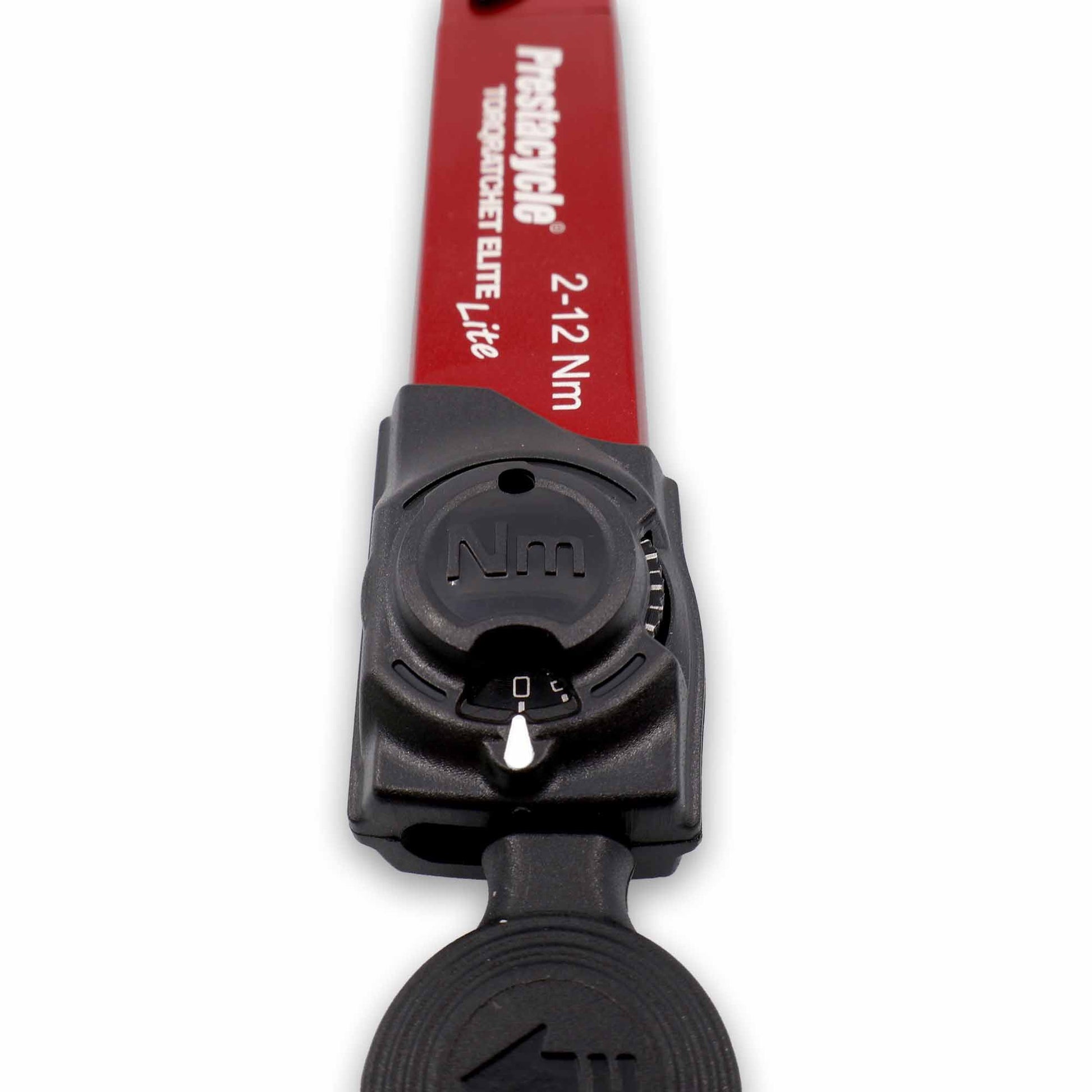 Close-up of a Prestacycle TorqRatchet ELITE Lite handle with a black Nm adjustment dial and arrow, attached to a red shaft marked “2~12Nm.” This portable multi-tool ratchet offers precise torque control from 2 to 12Nm.
