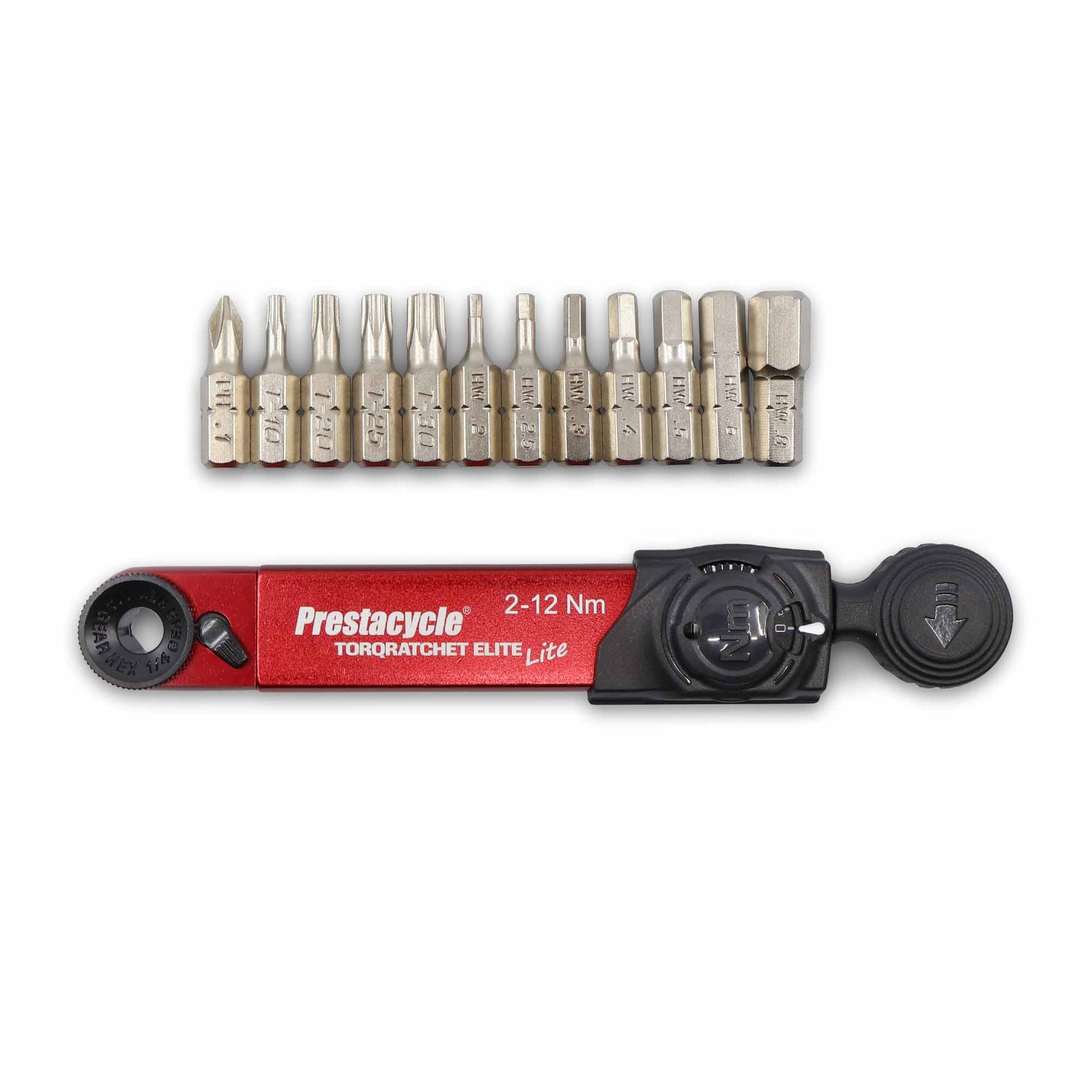 The Prestacycle TorqRatchet ELITE Lite is a red and black portable 2–12 Nm torque multi-tool ratchet, shown with 12 interchangeable metal bits—an essential for precise bike adjustments.