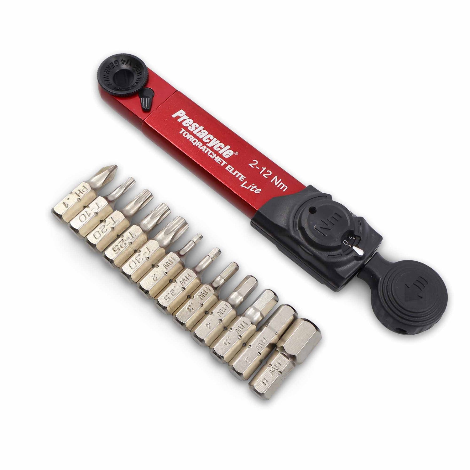 A red and black Prestacycle TorqRatchet ELITE Lite (2~12Nm) portable torque multi-tool ratchet with a reversible head is shown next to fifteen assorted screwdriver and hex bits neatly arranged in a row.