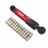 A red and black Prestacycle TorqRatchet ELITE Lite (2~12Nm) portable torque multi-tool ratchet with a reversible head is shown next to fifteen assorted screwdriver and hex bits neatly arranged in a row.