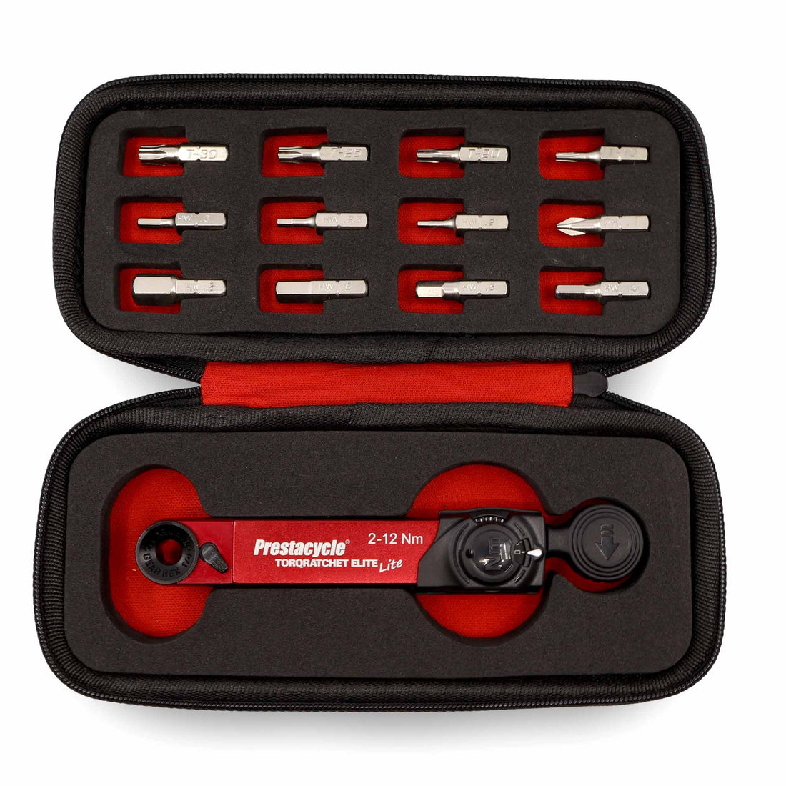 A black zippered case with a red and black Prestacycle TorqRatchet ELITE Lite 2~12Nm reversible ratchet tool, plus ten metal bike multi-tool bits neatly arranged in foam cutouts above the tool.