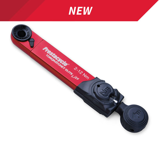 A Prestacycle TorqRatchet ELITE Lite (2~12Nm), a red portable torque multi-tool ratchet with black adjustment knobs, is displayed on white. A NEW red banner is at the top. This Prestacycle tool features a reversible ratchet for versatility.