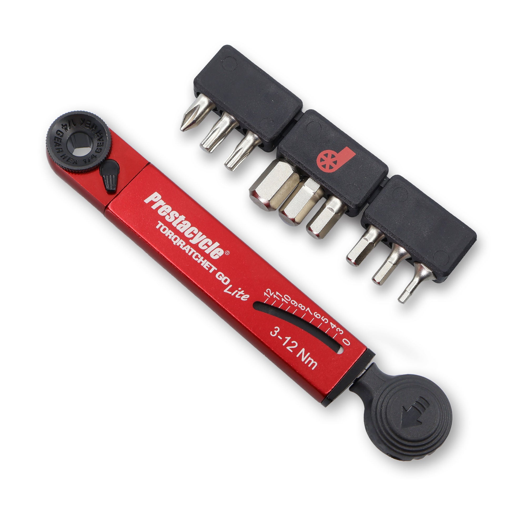 The red Prestacycle TorqRatchet GO Lite, a portable 3–12 Nm torque multi-tool ratchet, is shown with two black bit holders offering various metal screwdriver and hex bits.