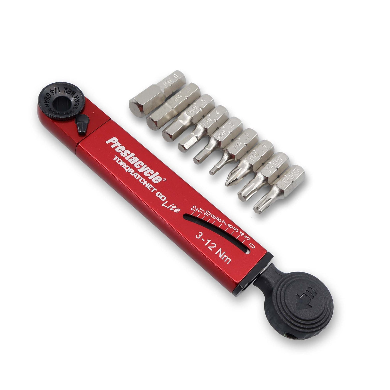 A red Prestacycle TorqRatchet GO Lite Portable 3~12Nm Torque Multi-tool Ratchet, with eight interchangeable screwdriver bits, is neatly arranged beside it on a white background.