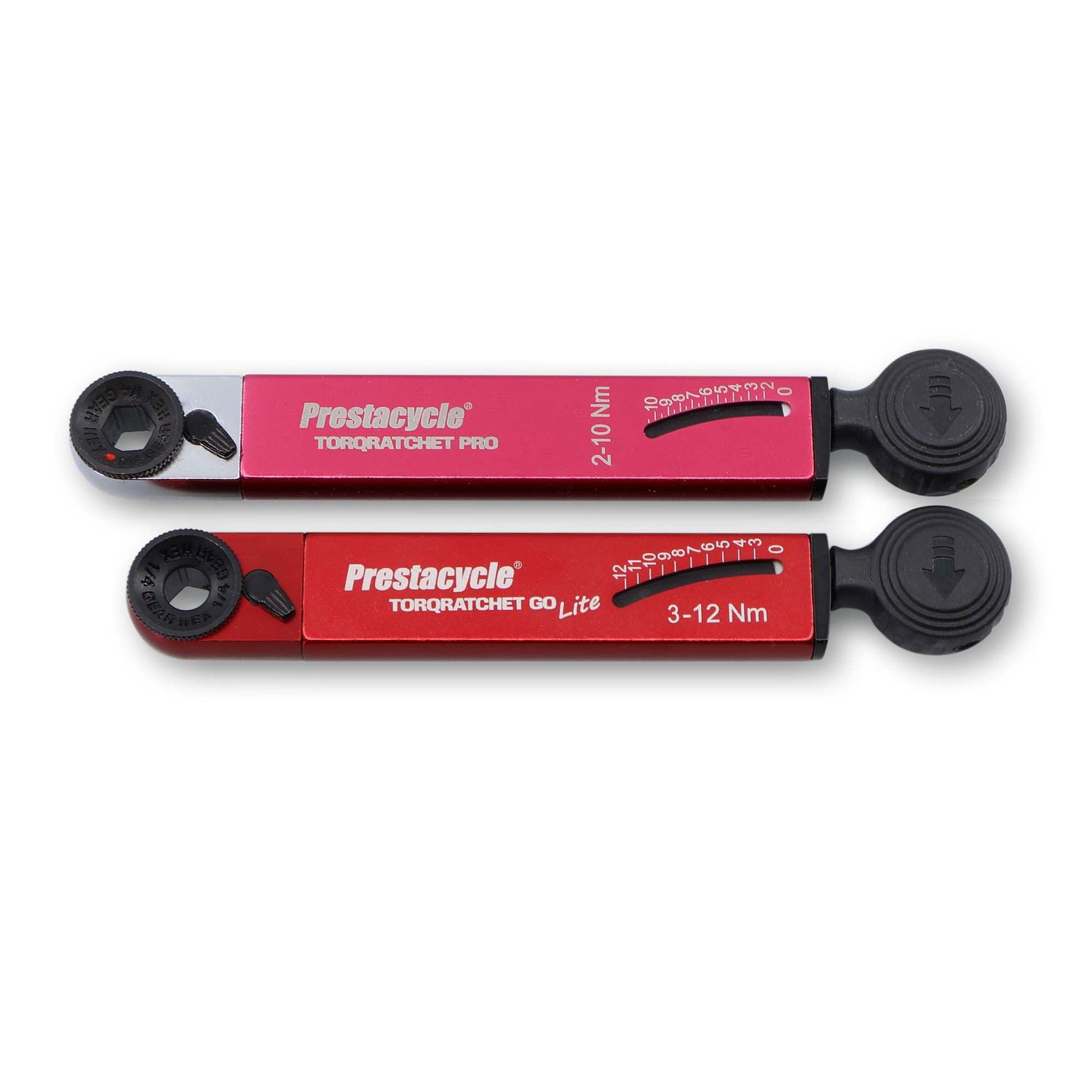 Two red Prestacycle TorqRatchet GO Lite 3-12Nm torque multi-tool ratchets are side by side, each featuring a black rotating dial and a reversible ratchet at one end.