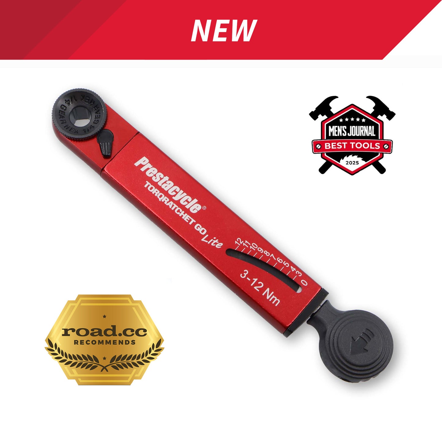 A red Prestacycle TorqRatchet GO Lite (3~12Nm) portable torque multi-tool ratchet is shown diagonally on a white background, with "NEW" at the top and award badges from Men's Journal and road.cc.