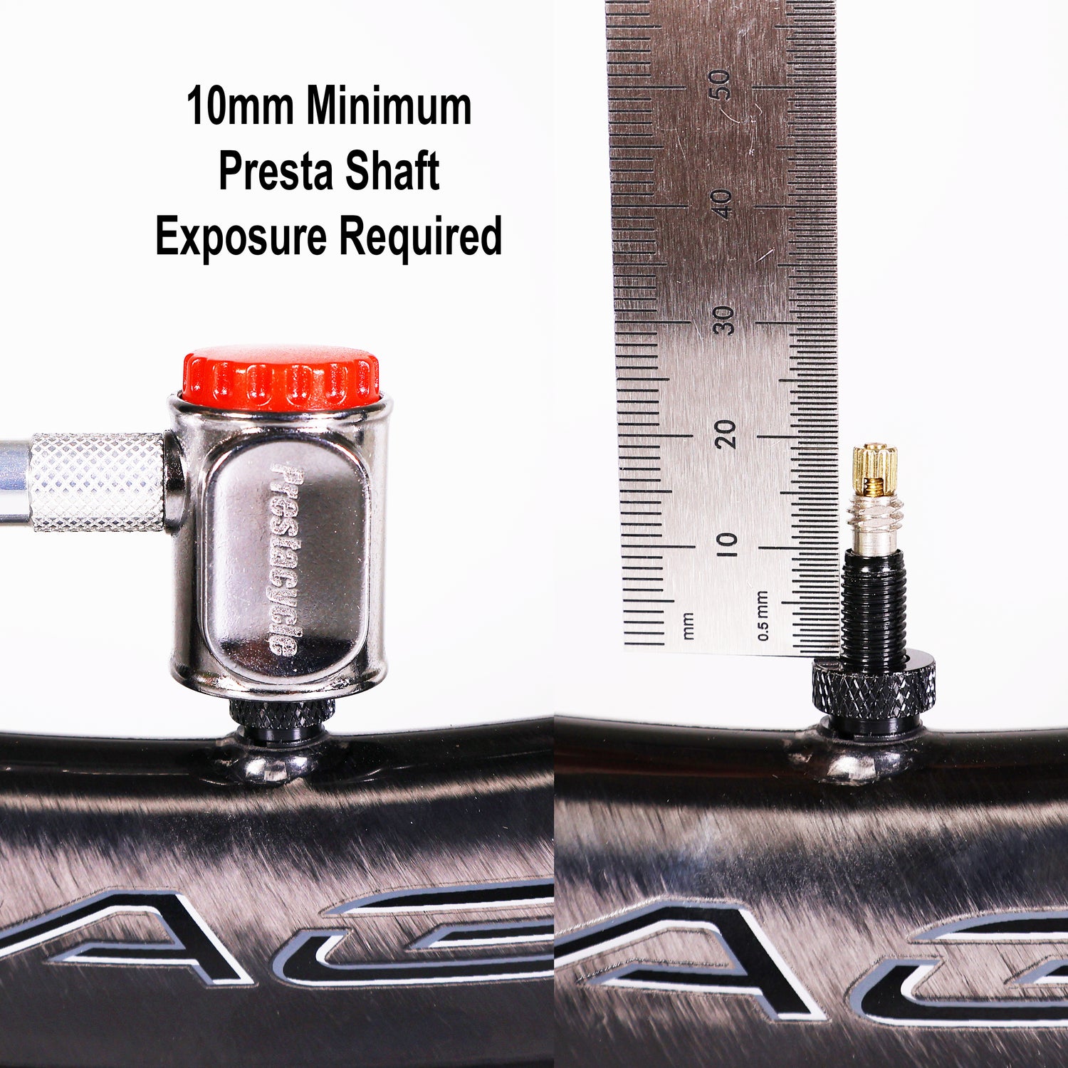 A Prestacycle Pro Presta Head is attached to a Presta valve shown next to a ruler with at least 10mm shaft exposed. Text: Minimum 10mm Presta shaft exposure needed for Prestacycle Pro Presta Head.
