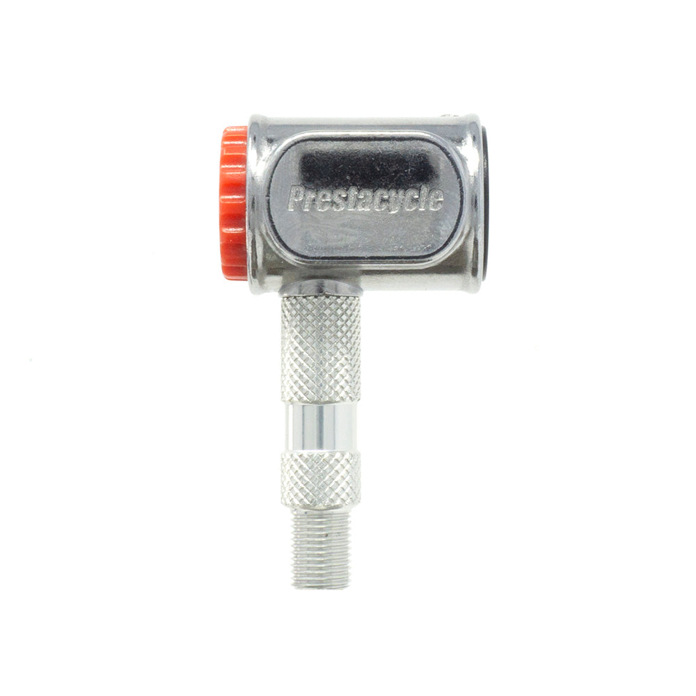 The Prestacycle Pro Presta Head by Prestacycle is a metallic bicycle tire inflator featuring a red left-side adjustment knob, bottom threaded nozzle for valve attachment, and an instant no-loss disconnect for efficient inflation.