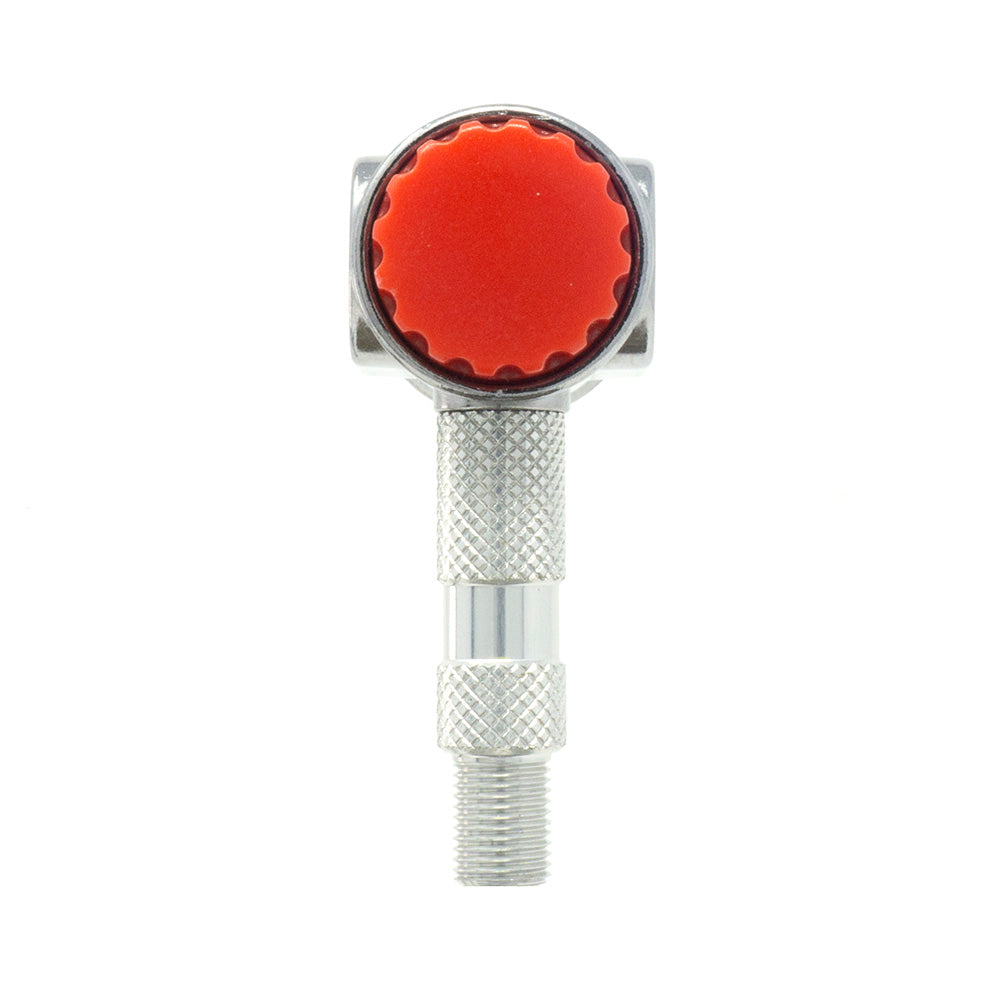 Close-up of the Prestacycle Pro Presta Head by Prestacycle, a metallic connector with a textured grip and large red knob, featuring an instant no-loss disconnect, shown against a plain white background.