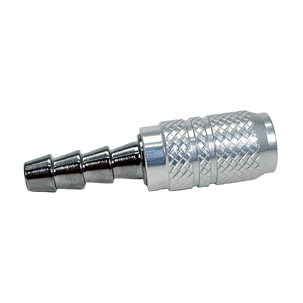 The Prestacycle Pro 1/4 Schrader Hose Barb is a silver metal quick connect fitting with a textured grip and barbed end for secure hose attachment—compatible with floor pumps and Prestaflator heads.