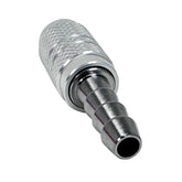 A close-up of the Prestacycle Pro 1/4 Schrader Hose Barb, featuring a knurled grip and ridged, tapered end for securing flexible tubing, similar to alloy spinner heads used on floor pumps or Prestaflator heads.